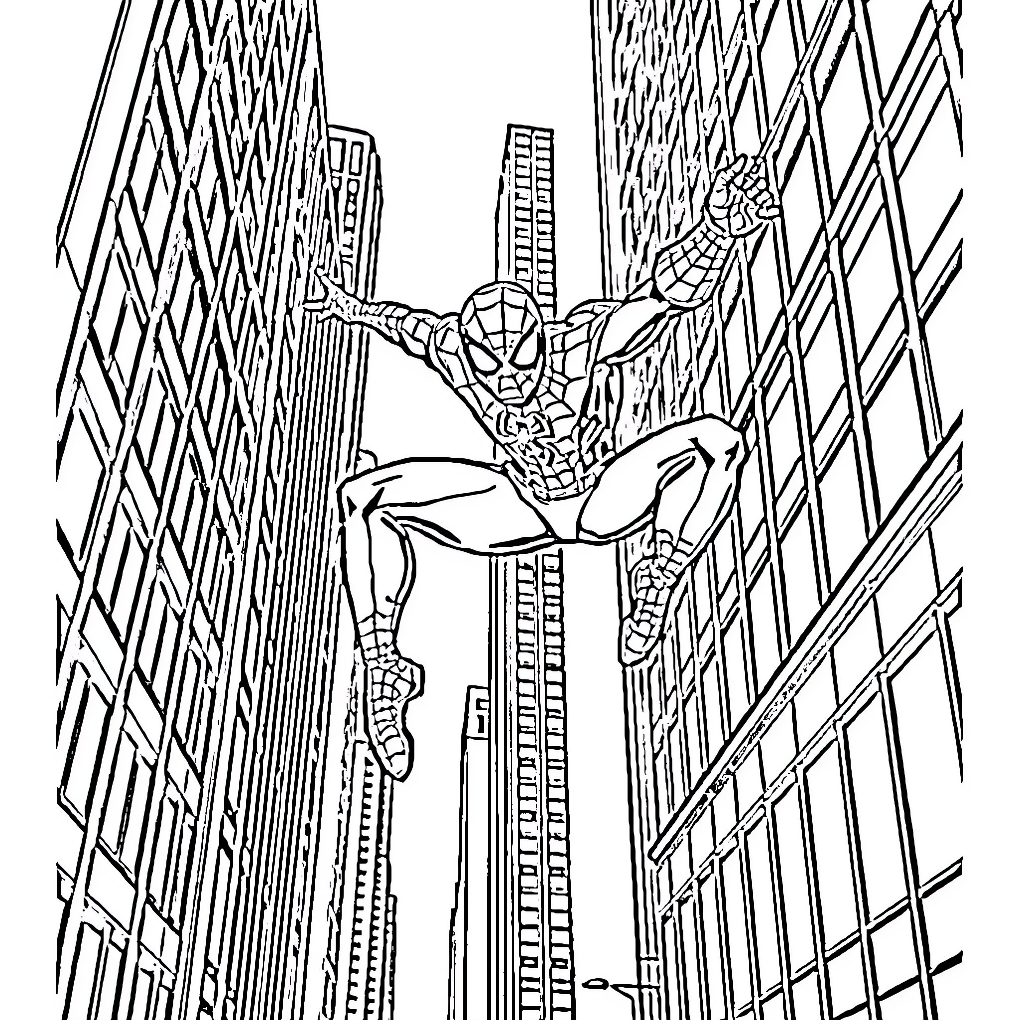Spiderman swinging through the city skyline Coloring Page (free black-and-white line drawing printable PDF for all, from beginners to advanced learners, including children, teens, adults, and seniors)