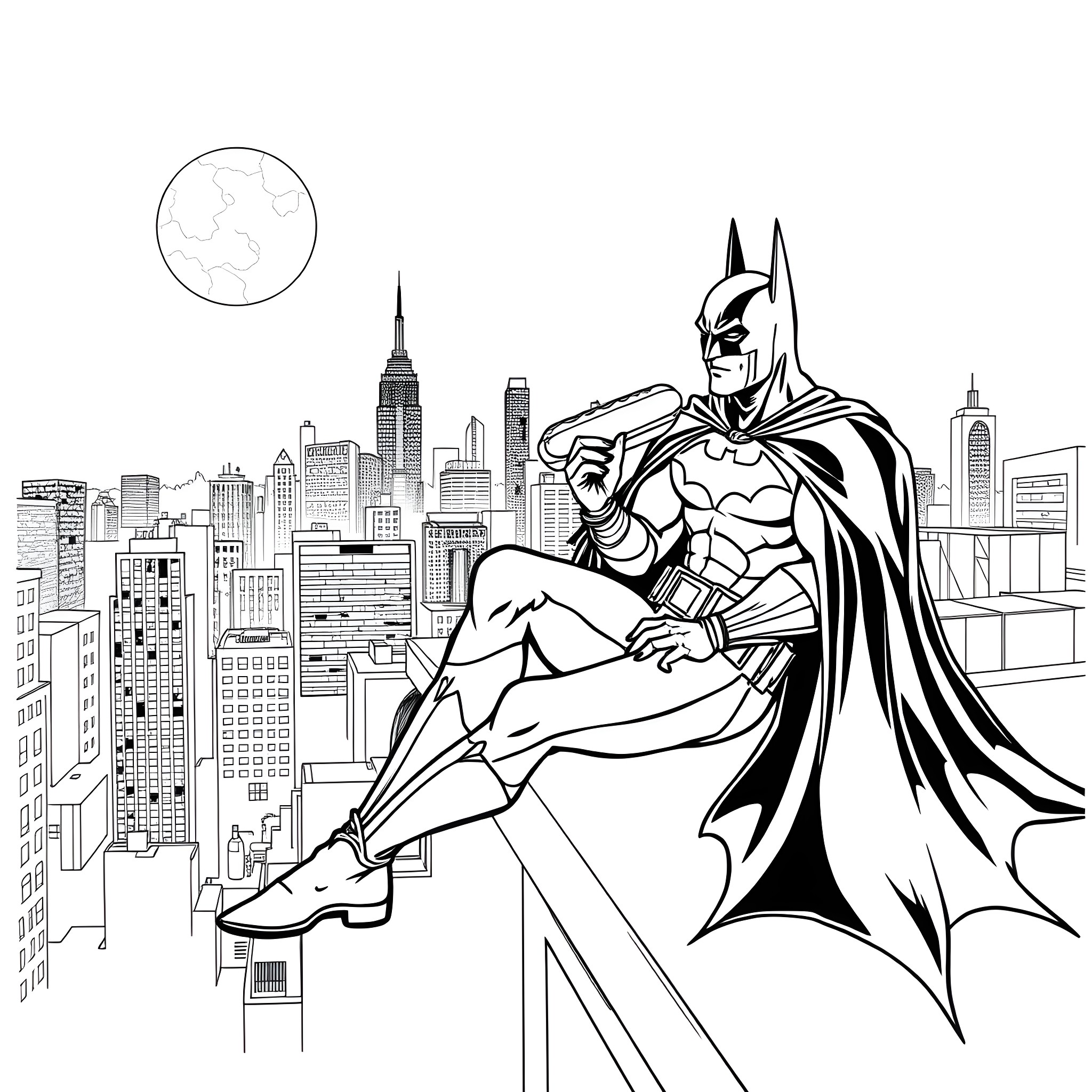 Batman overlooking the city with determination Coloring Page (free black-and-white line drawing printable PDF for all, from beginners to advanced learners, including children, teens, adults, and seniors)