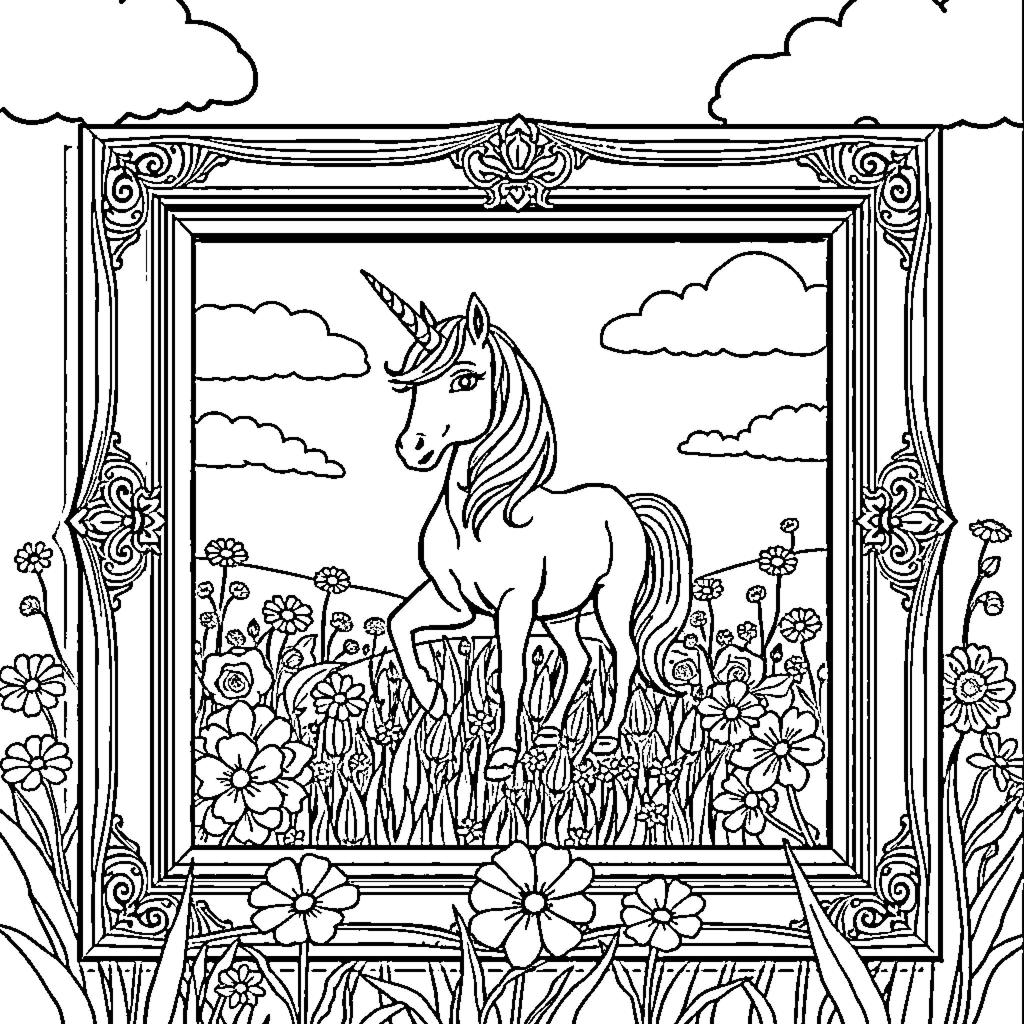 Unicorn in a Floral Fantasy Frame Coloring Page (free black-and-white line drawing printable PDF for all, from beginners to advanced learners, including children, teens, adults, and seniors)