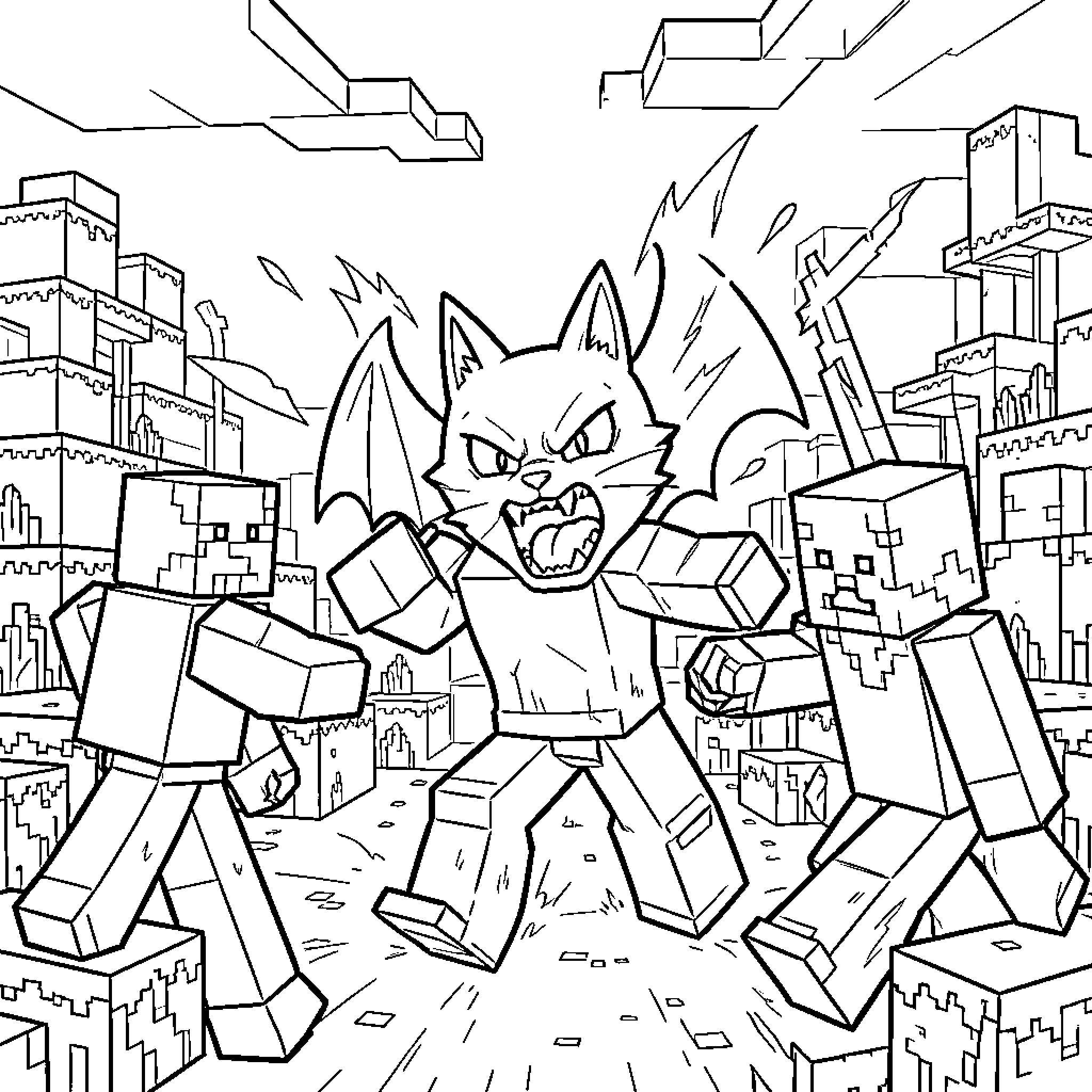 Batcat Demolishing Cityscape with Destructive Powers Coloring Page (free black-and-white line drawing printable PDF for all, from beginners to advanced learners, including children, teens, adults, and seniors)