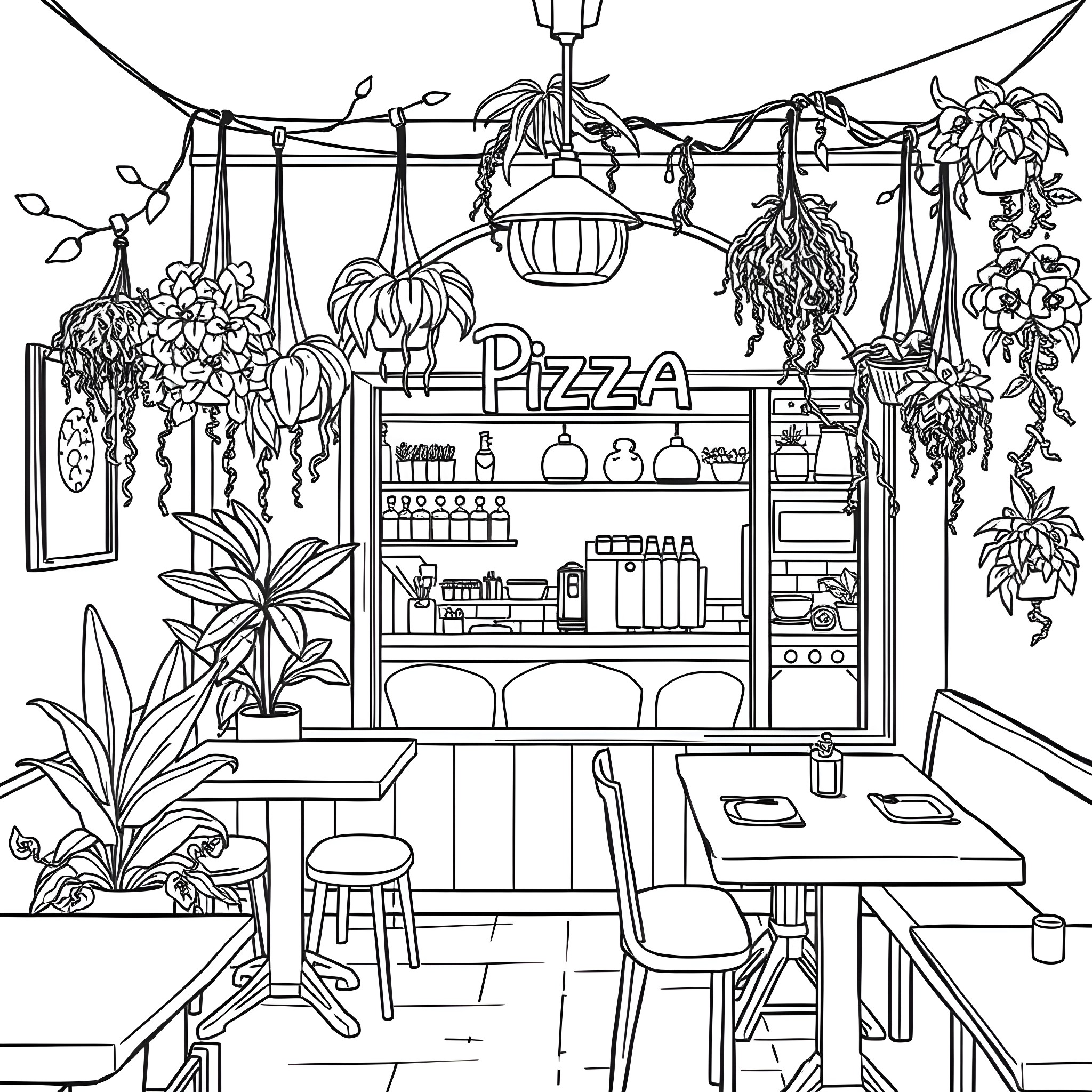 Plant-filled cafe with cozy seating Coloring Page (free black-and-white line drawing printable PDF for all, from beginners to advanced learners, including children, teens, adults, and seniors)