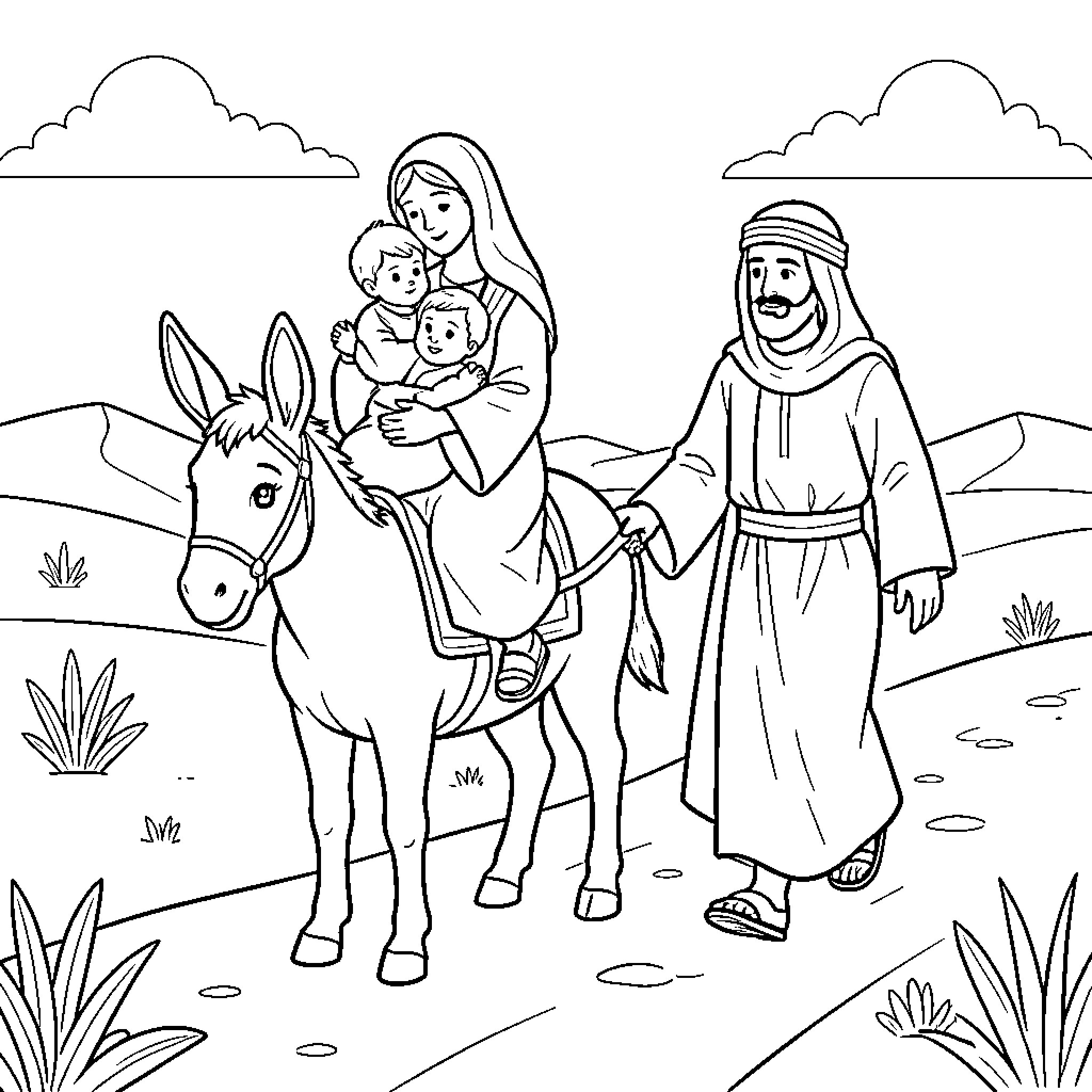 Mary riding a donkey while holding two babies Coloring Page (free black-and-white line drawing printable PDF for all, from beginners to advanced learners, including children, teens, adults, and seniors)