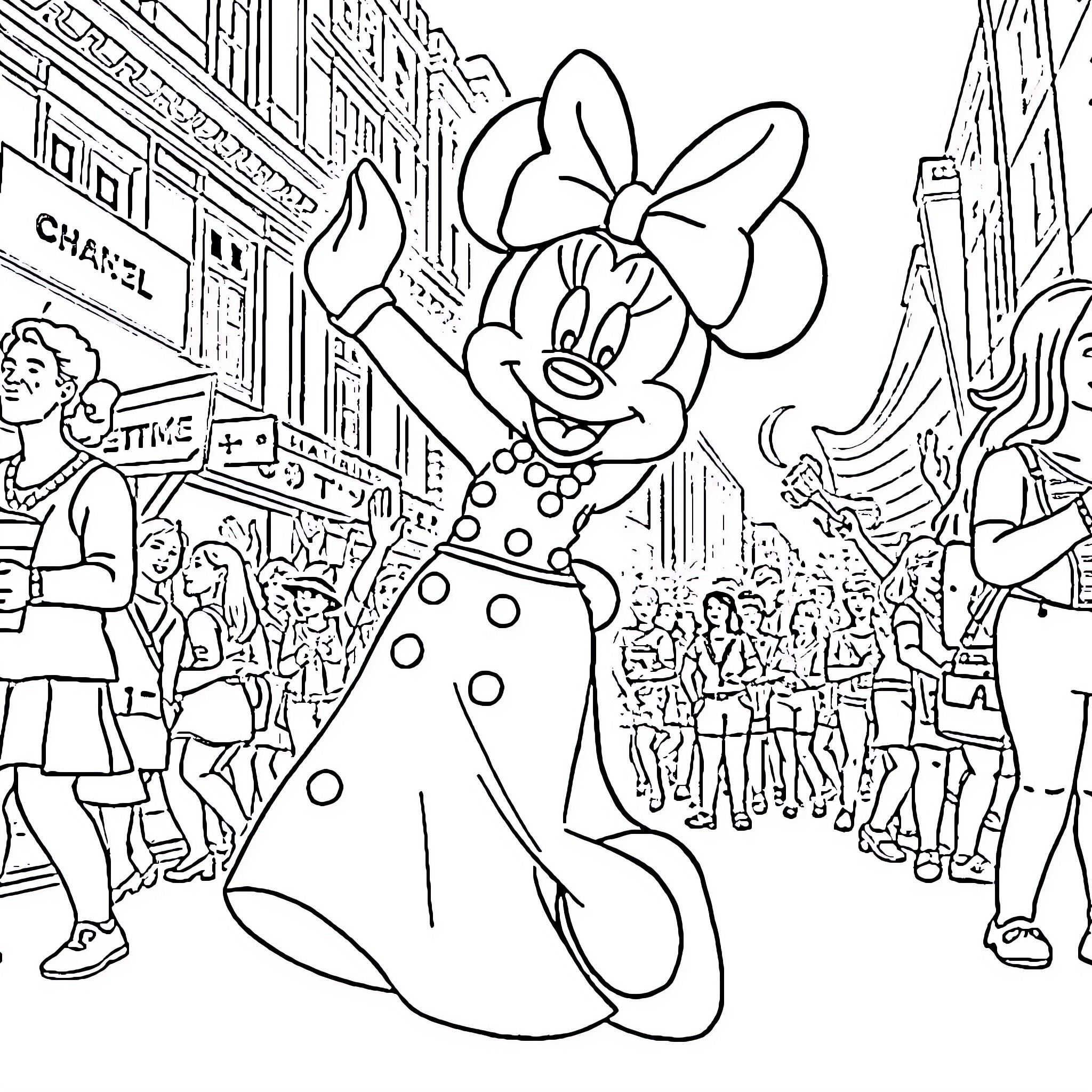 Minnie Mouse Dazzles in a City Parade Coloring Page (free black-and-white line drawing printable PDF for all, from beginners to advanced learners, including children, teens, adults, and seniors)