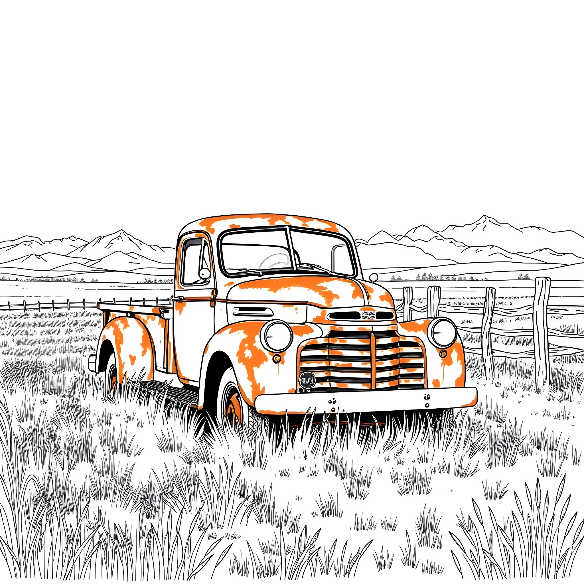 Truck Abandoned in Rustic Countryside Landscape Coloring Page (free black-and-white line drawing printable PDF for all, from beginners to advanced learners, including children, teens, adults, and seniors)