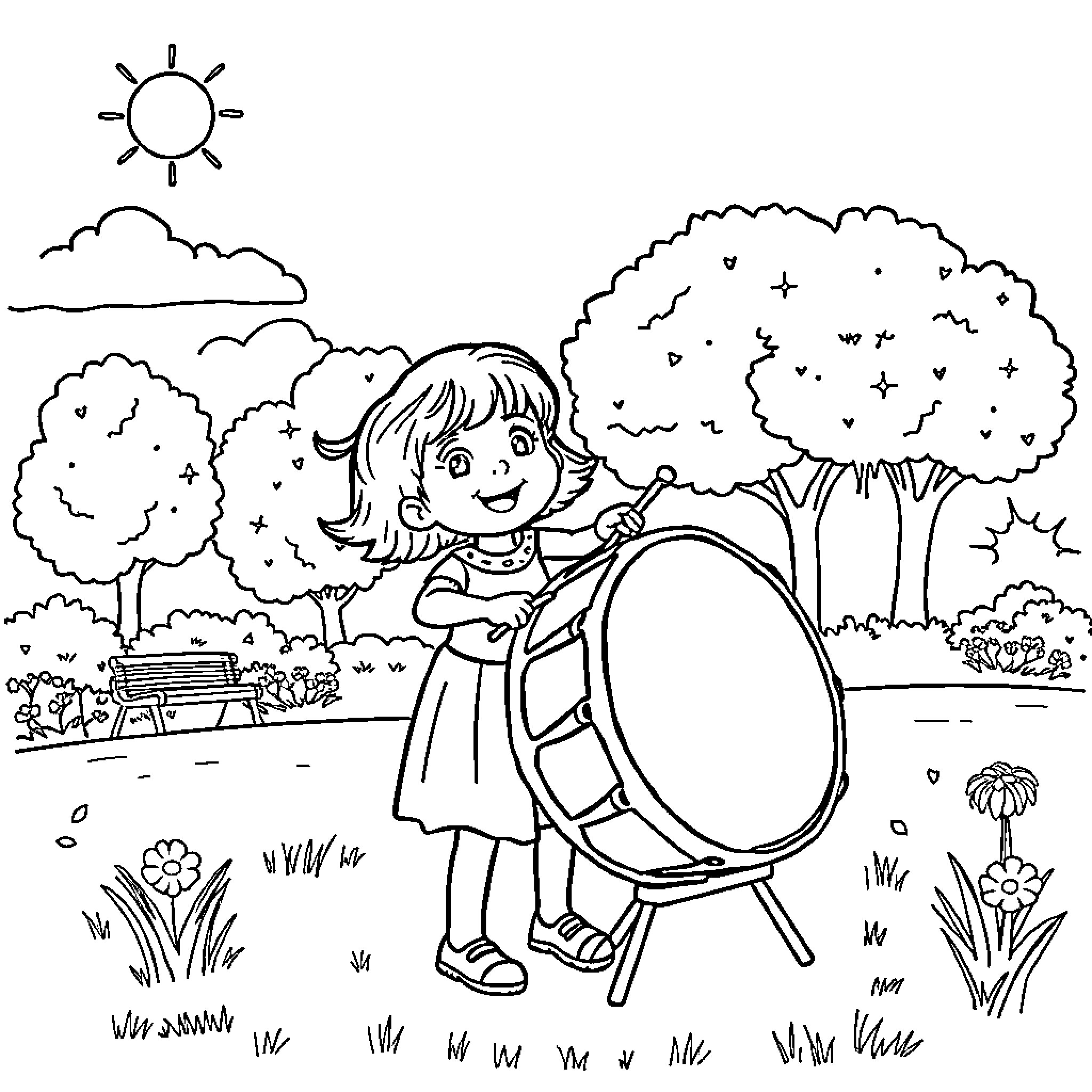 Girl playing with drum in the park Coloring Page (free black-and-white line drawing printable PDF for all, from beginners to advanced learners, including children, teens, adults, and seniors)