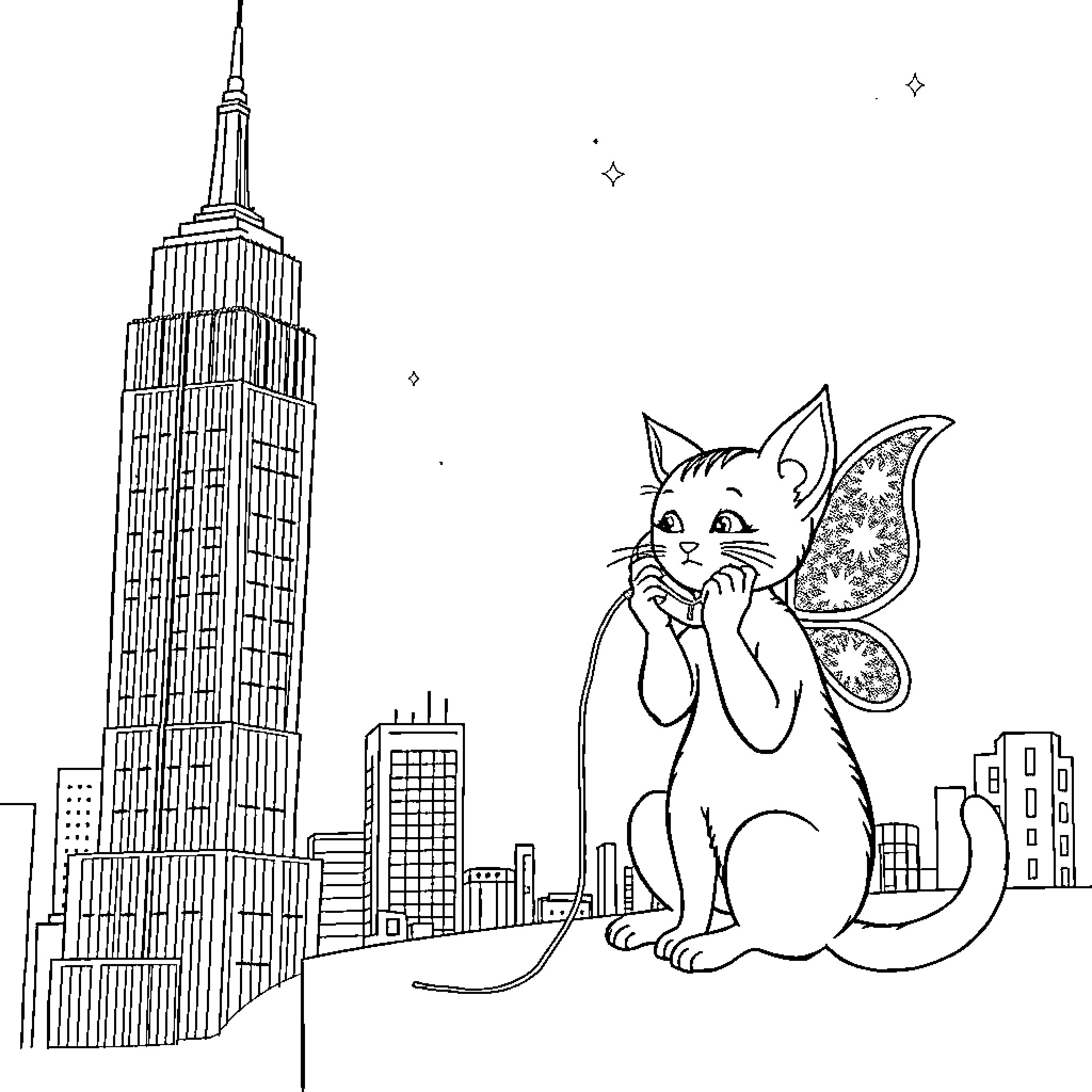 Cat with butterfly wings in the city Coloring Page (free black-and-white line drawing printable PDF for all, from beginners to advanced learners, including children, teens, adults, and seniors)