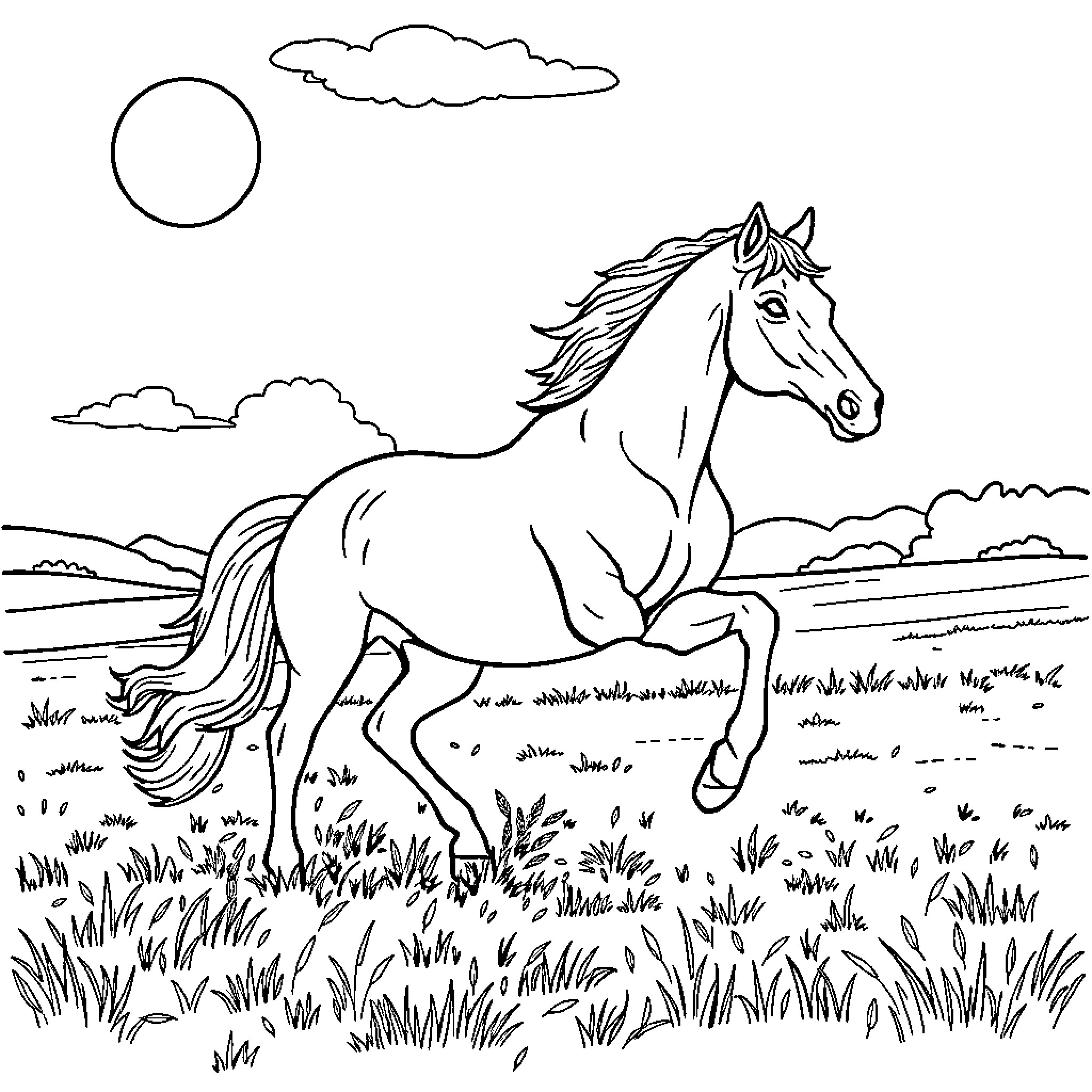 Trotting Horse Running Freely Through Grassy Meadow Coloring Page (free black-and-white line drawing printable PDF for all, from beginners to advanced learners, including children, teens, adults, and seniors)