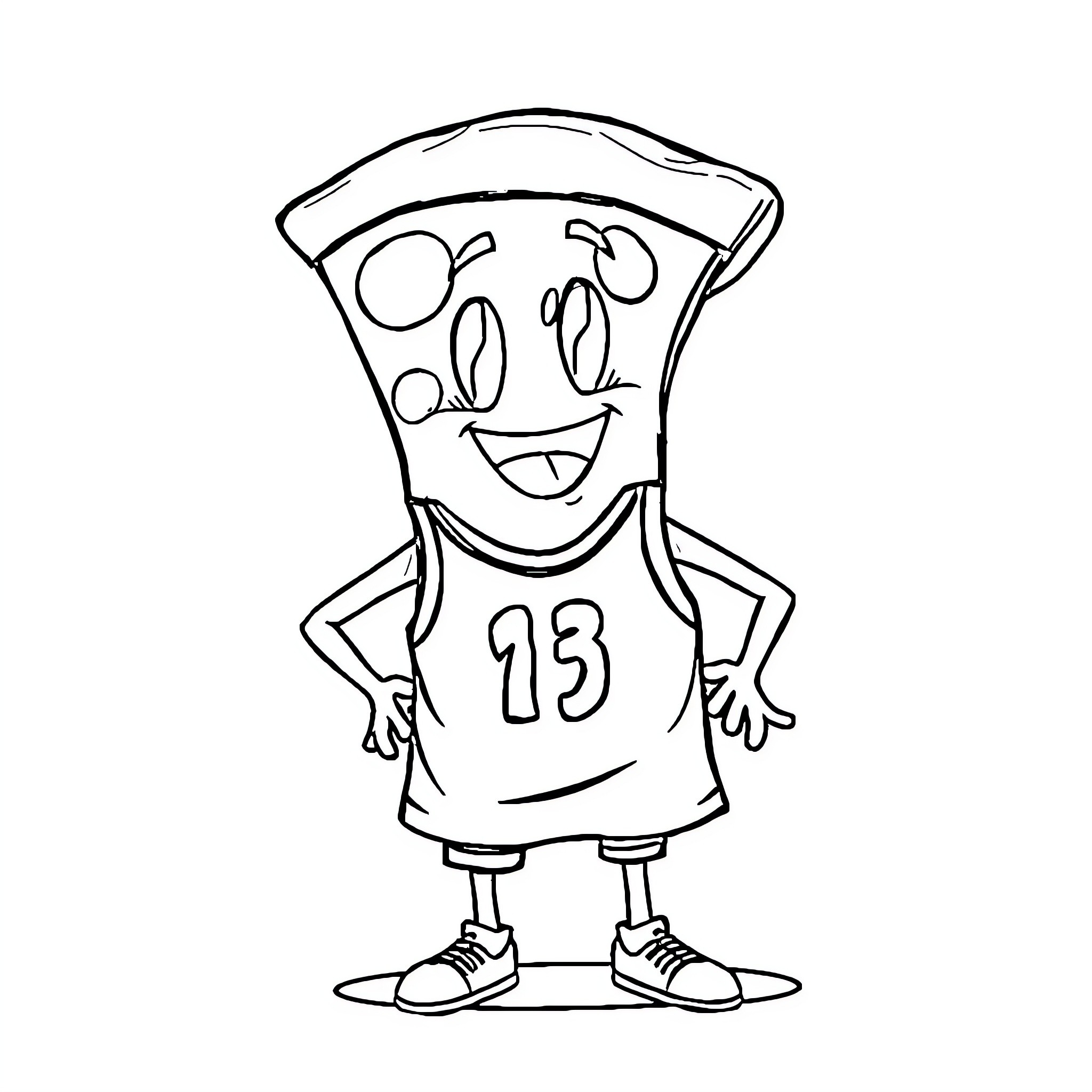 Pizza Slice playing basketball with jersey Coloring Page (free black-and-white line drawing printable PDF for all, from beginners to advanced learners, including children, teens, adults, and seniors)