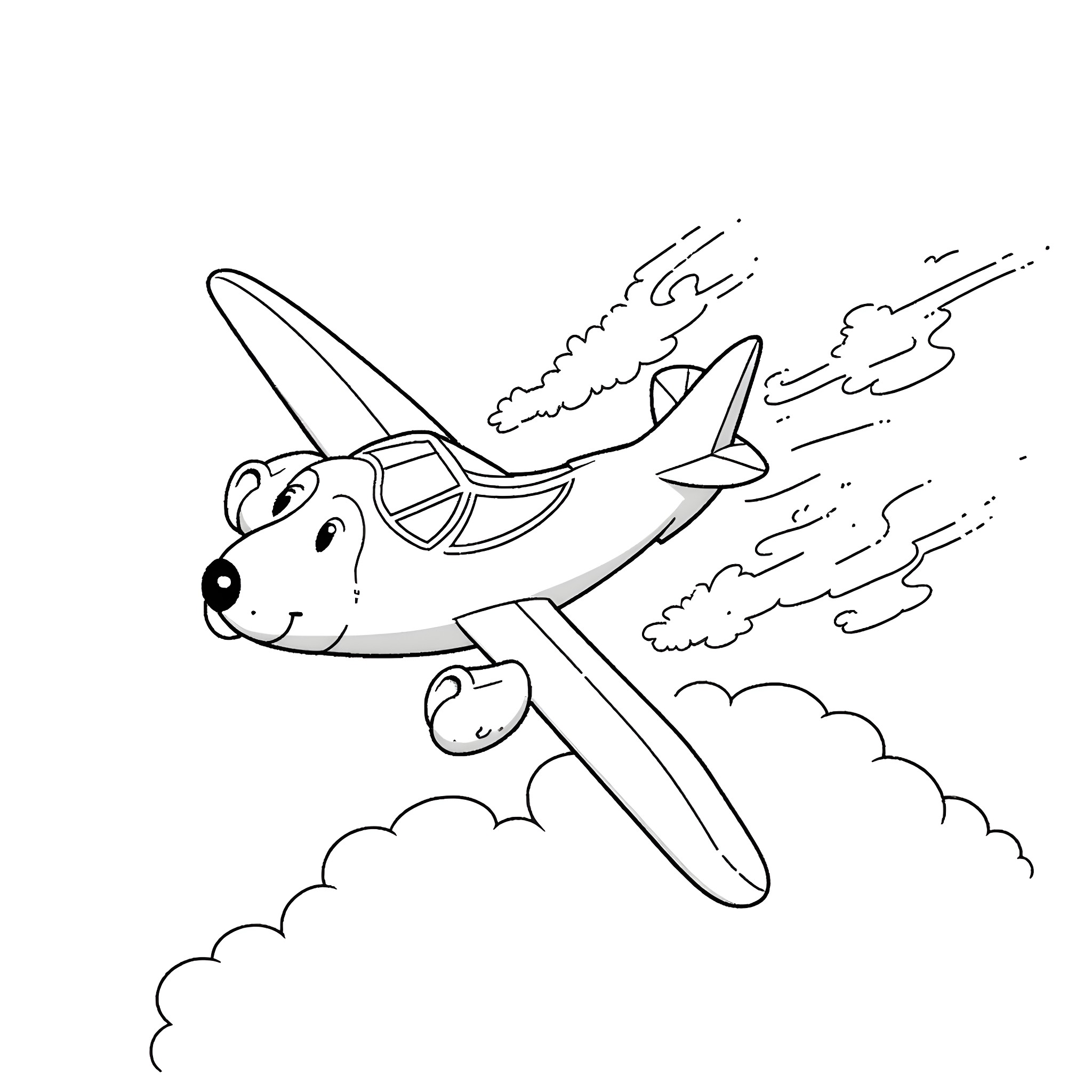 Labradoodle flying an airplane in the sky Coloring Page (free black-and-white line drawing printable PDF for all, from beginners to advanced learners, including children, teens, adults, and seniors)