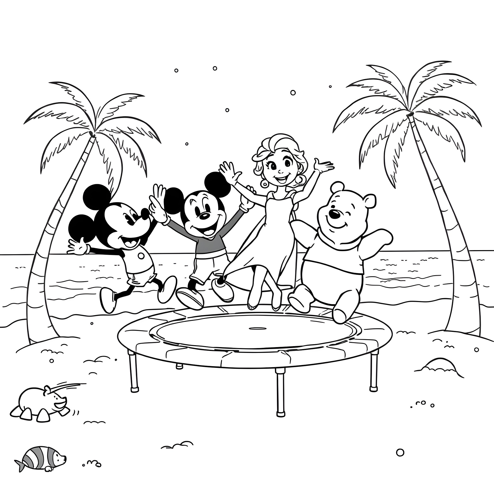 Character Enjoying Fun Summer Beach Time with Friends Coloring Page (free black-and-white line drawing printable PDF for all, from beginners to advanced learners, including children, teens, adults, and seniors)
