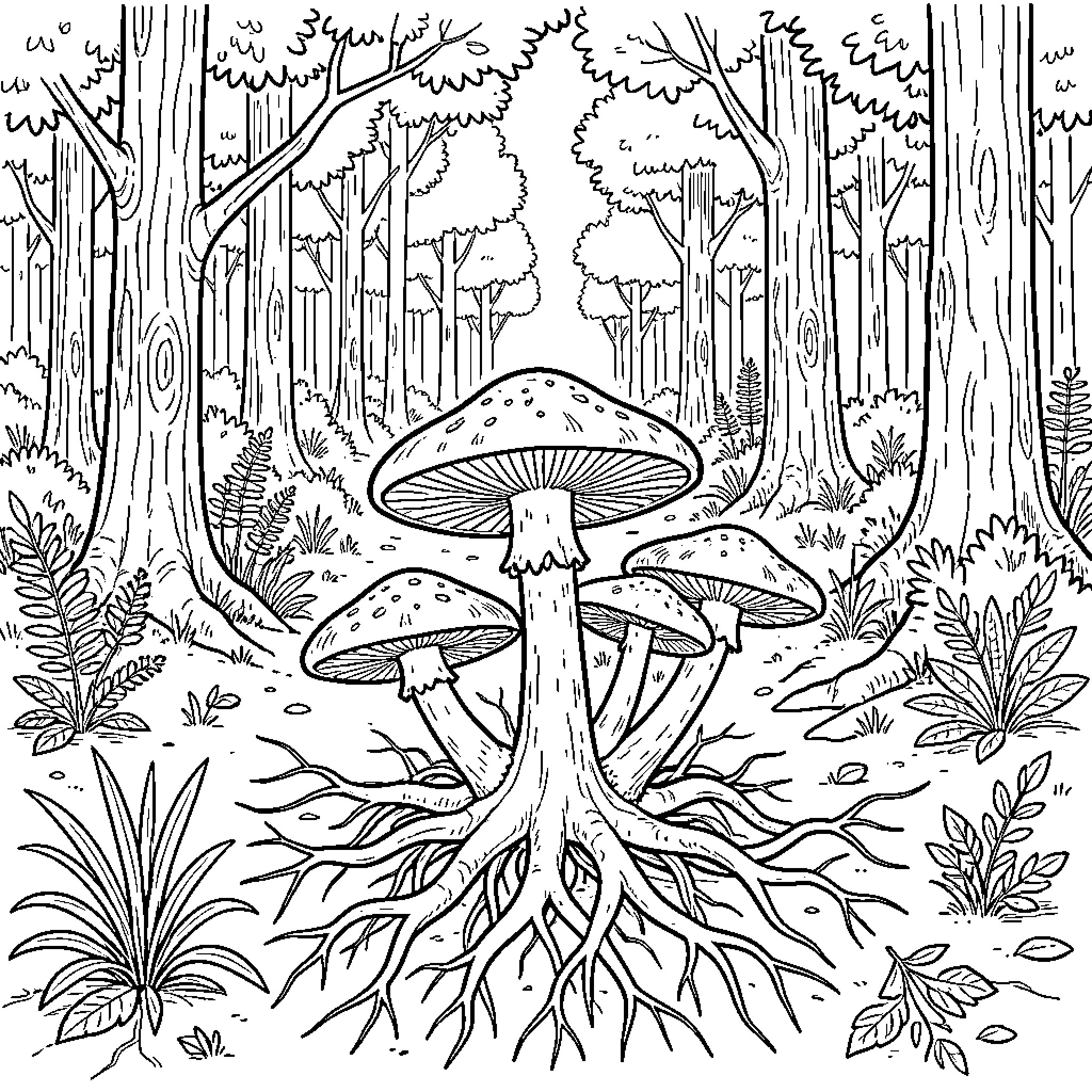 Fungi flourishing in the enchanting forest Coloring Page (free black-and-white line drawing printable PDF for all, from beginners to advanced learners, including children, teens, adults, and seniors)