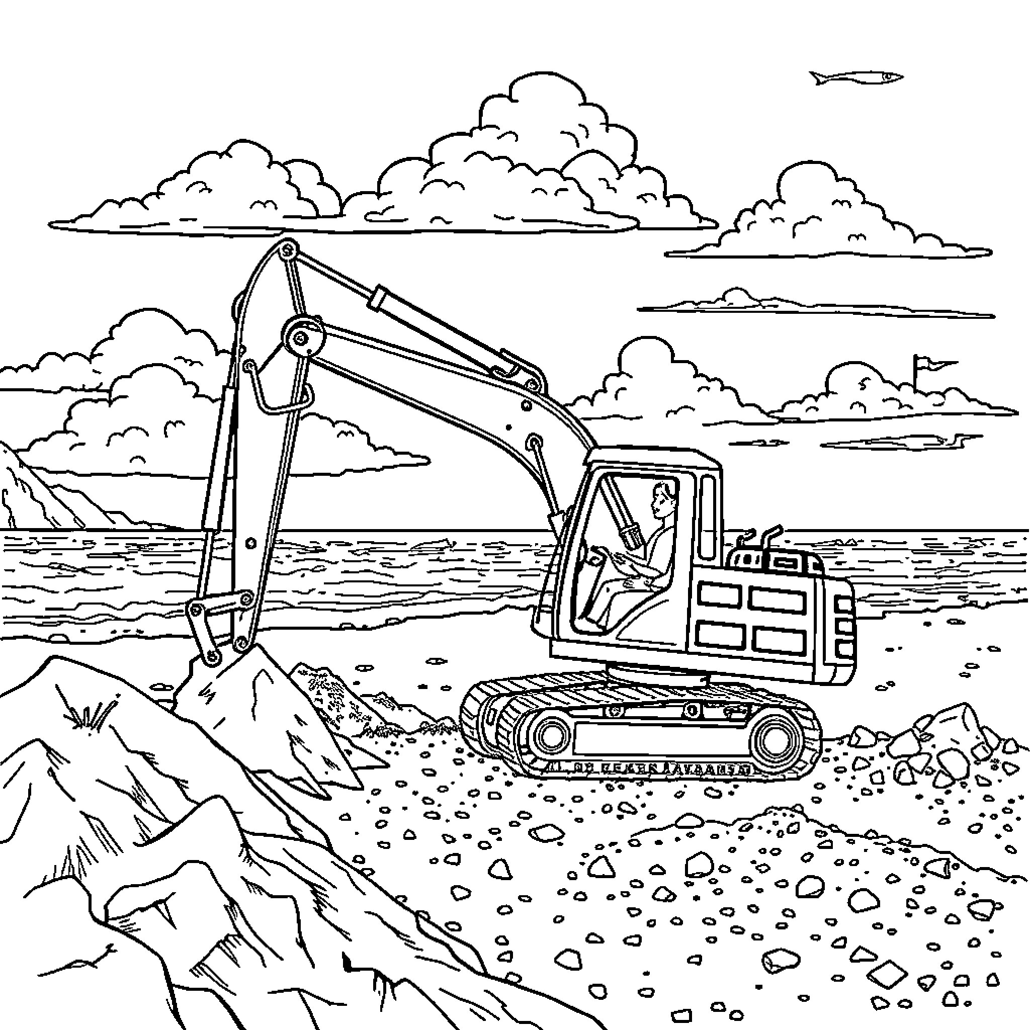 Excavator working on rocky construction site near shore Coloring Page (free black-and-white line drawing printable PDF for all, from beginners to advanced learners, including children, teens, adults, and seniors)