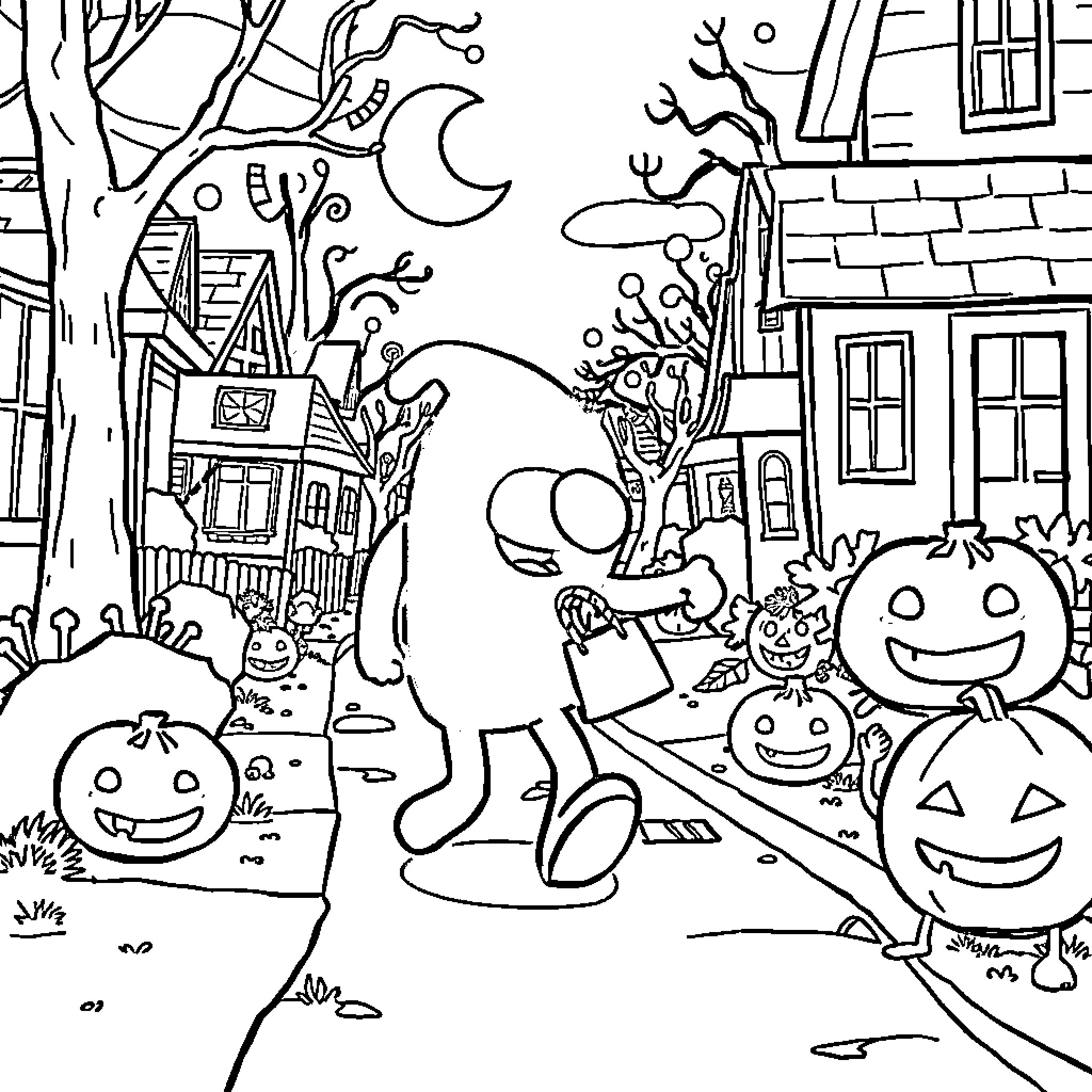 Among Us Characters Exploring Spooky Halloween Town Coloring Page (free black-and-white line drawing printable PDF for all, from beginners to advanced learners, including children, teens, adults, and seniors)