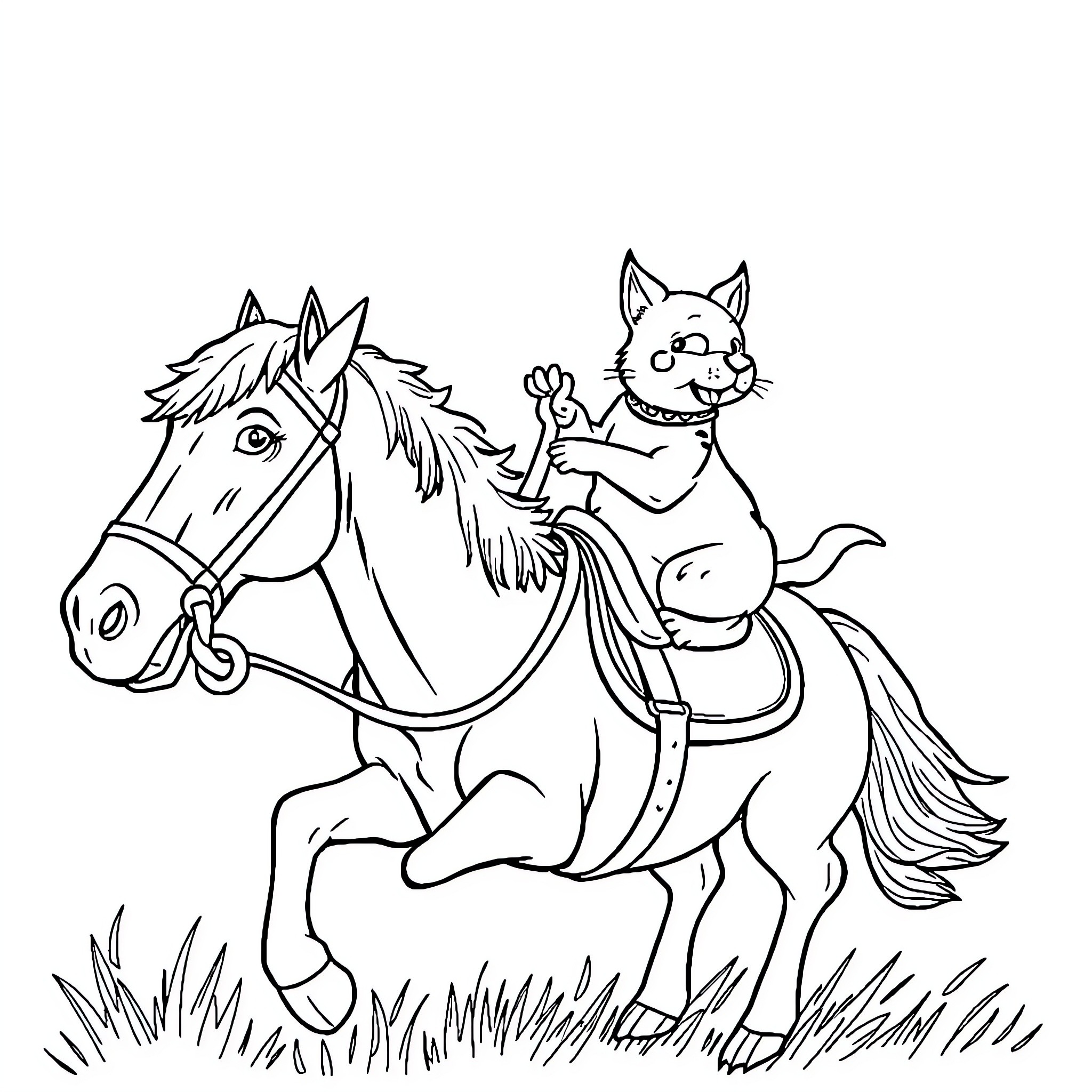 Cat riding a horse on the meadow Coloring Page (free black-and-white line drawing printable PDF for all, from beginners to advanced learners, including children, teens, adults, and seniors)