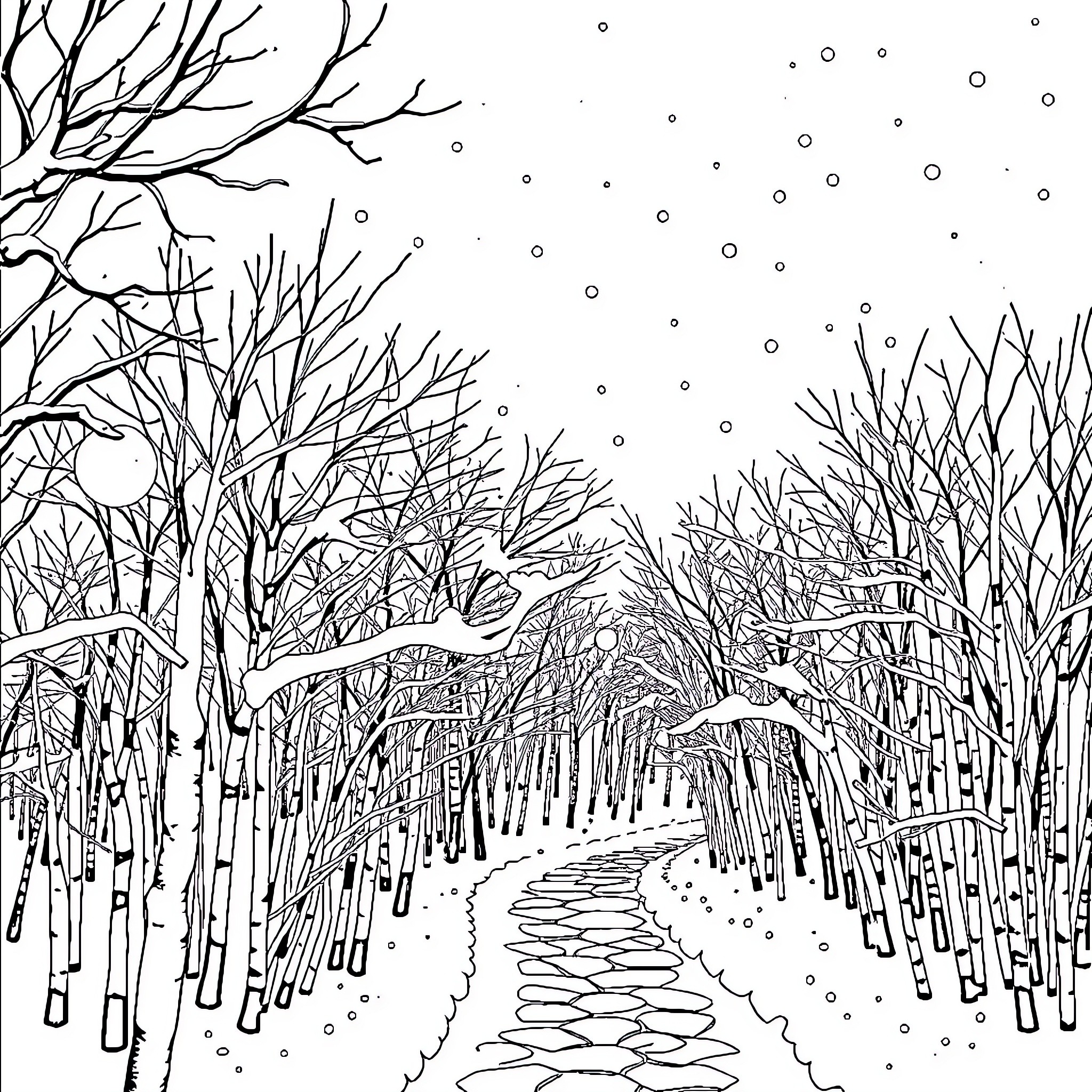 Cherry Blossom Winter Wonderland Stroll Coloring Page (free black-and-white line drawing printable PDF for all, from beginners to advanced learners, including children, teens, adults, and seniors)
