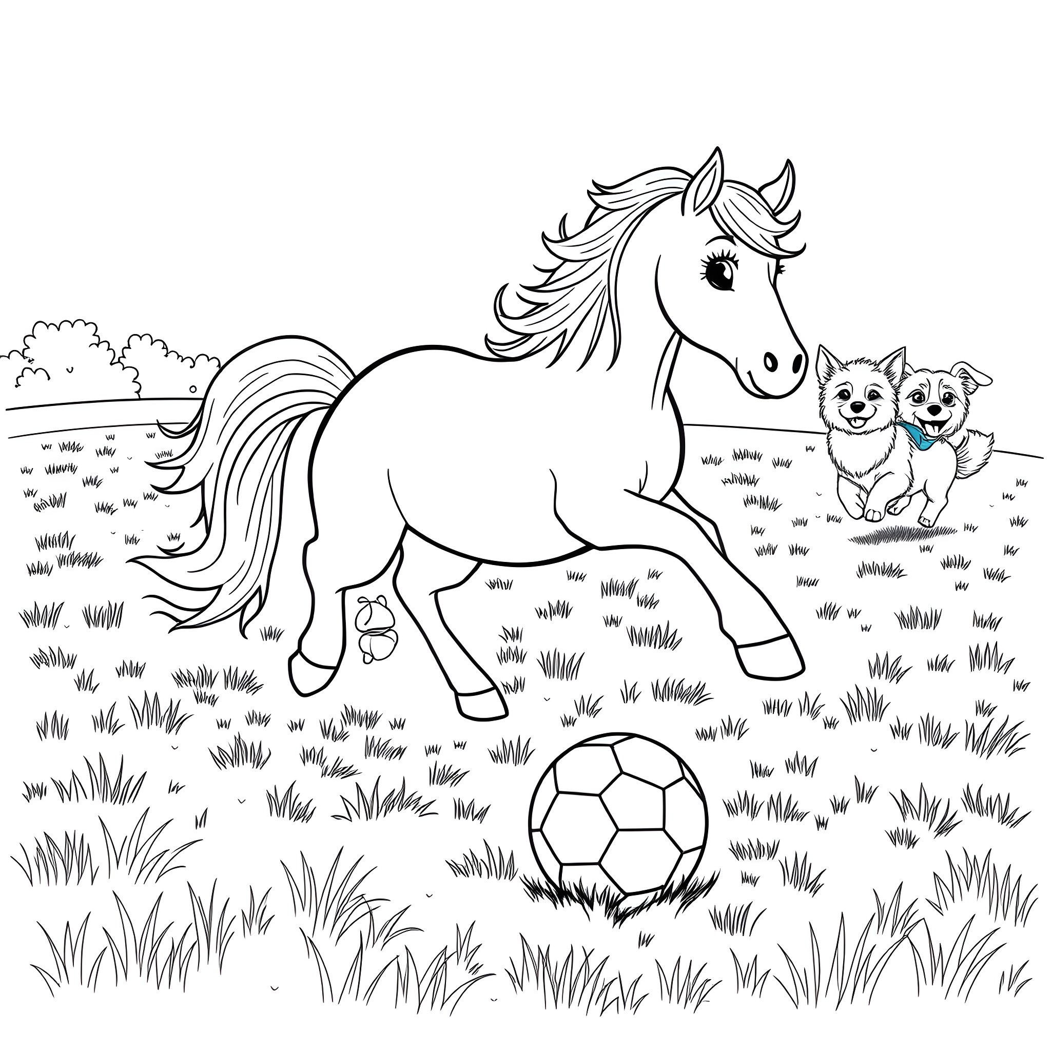 Pony playing in the field with dogs and ball Coloring Page (free black-and-white line drawing printable PDF for all, from beginners to advanced learners, including children, teens, adults, and seniors)