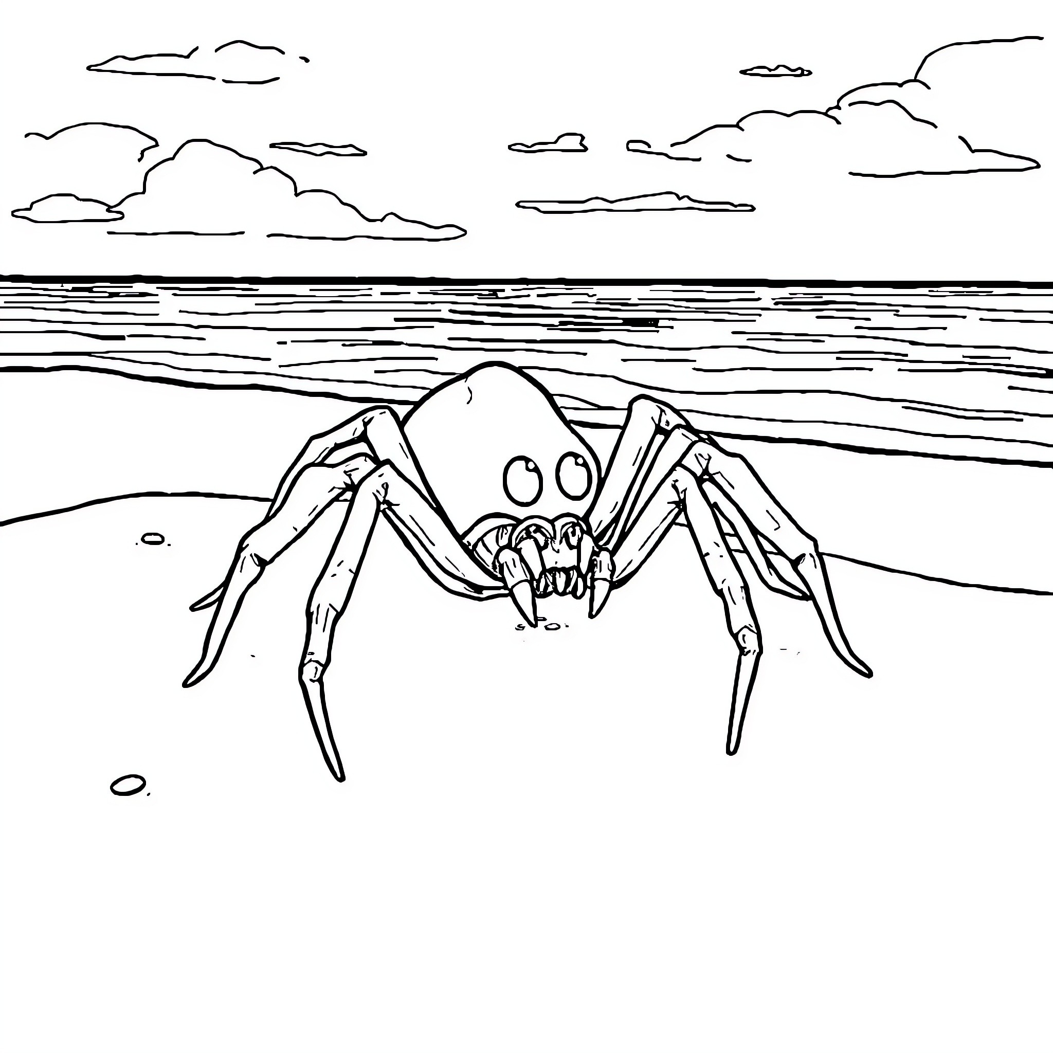 Ghost Spider on the Beach at Dusk Coloring Page (free black-and-white line drawing printable PDF for all, from beginners to advanced learners, including children, teens, adults, and seniors)