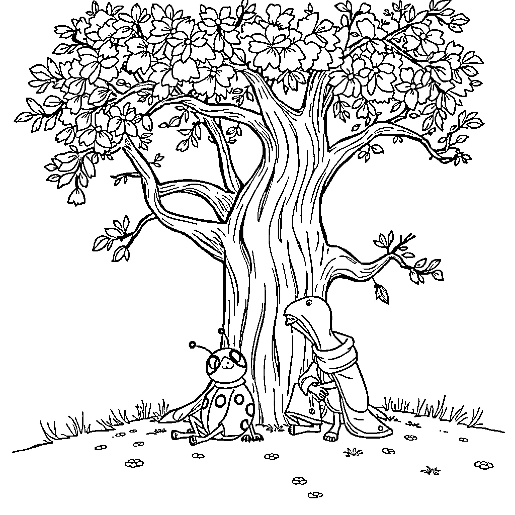 Ladybug exploring the blooming tree Coloring Page (free black-and-white line drawing printable PDF for all, from beginners to advanced learners, including children, teens, adults, and seniors)