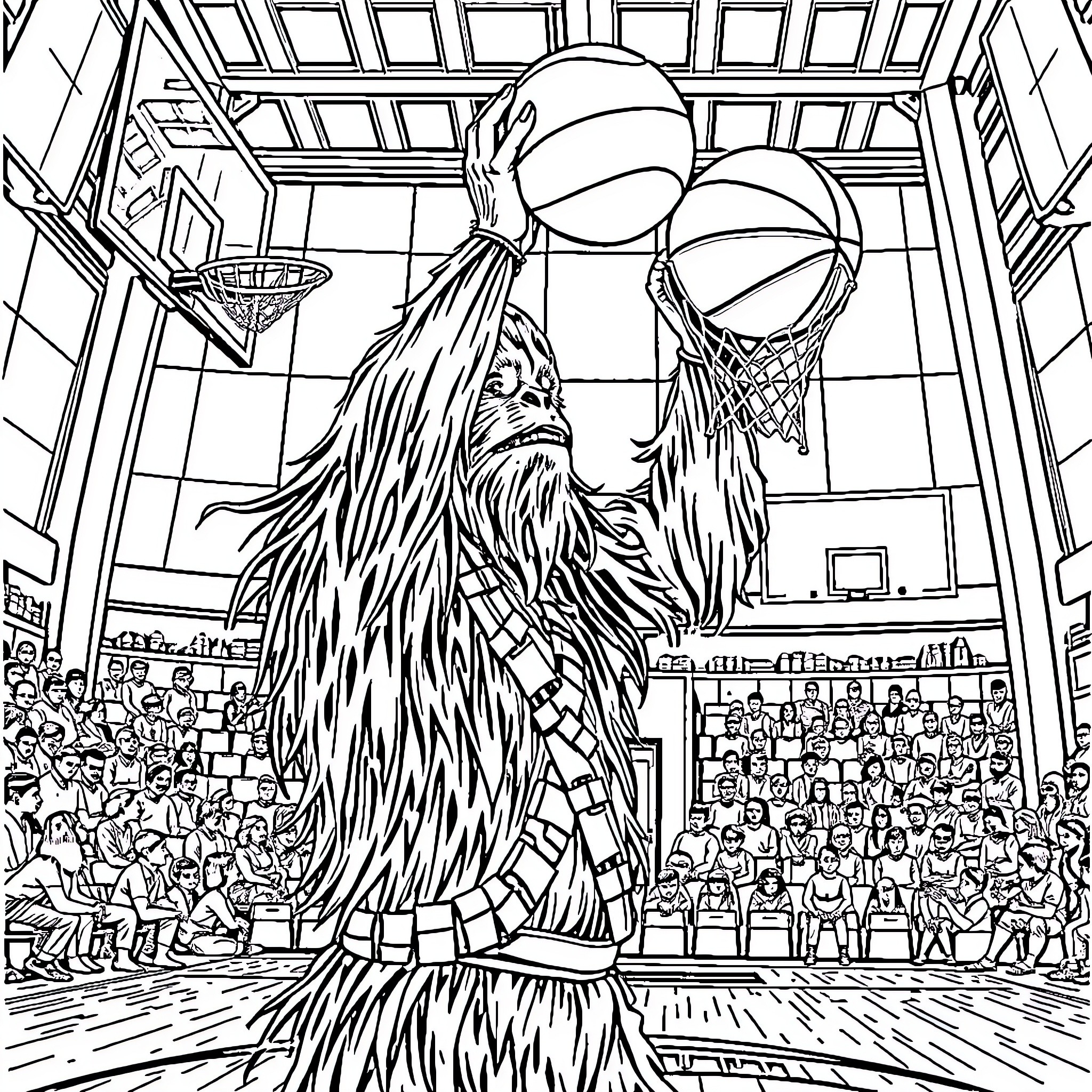 Wookiee Basketball Player Dunking in Crowded Arena Coloring Page (free black-and-white line drawing printable PDF for all, from beginners to advanced learners, including children, teens, adults, and seniors)