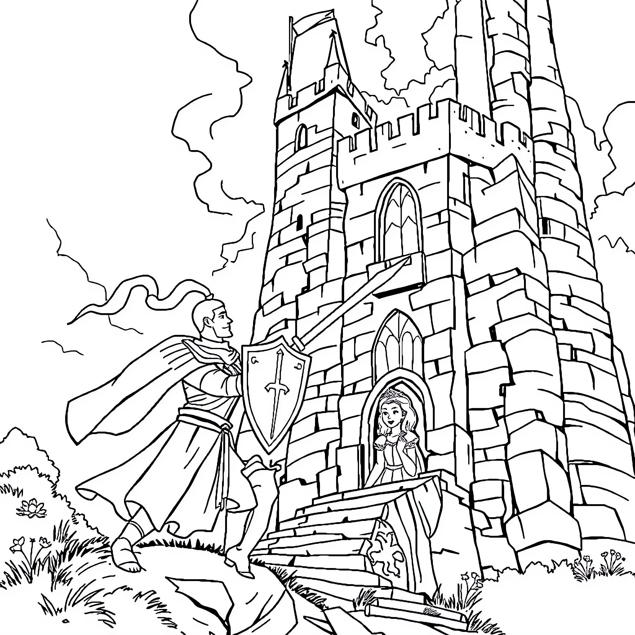 Princess Encountering a Knight by a Castle Coloring Page (free black-and-white line drawing printable PDF for all, from beginners to advanced learners, including children, teens, adults, and seniors)