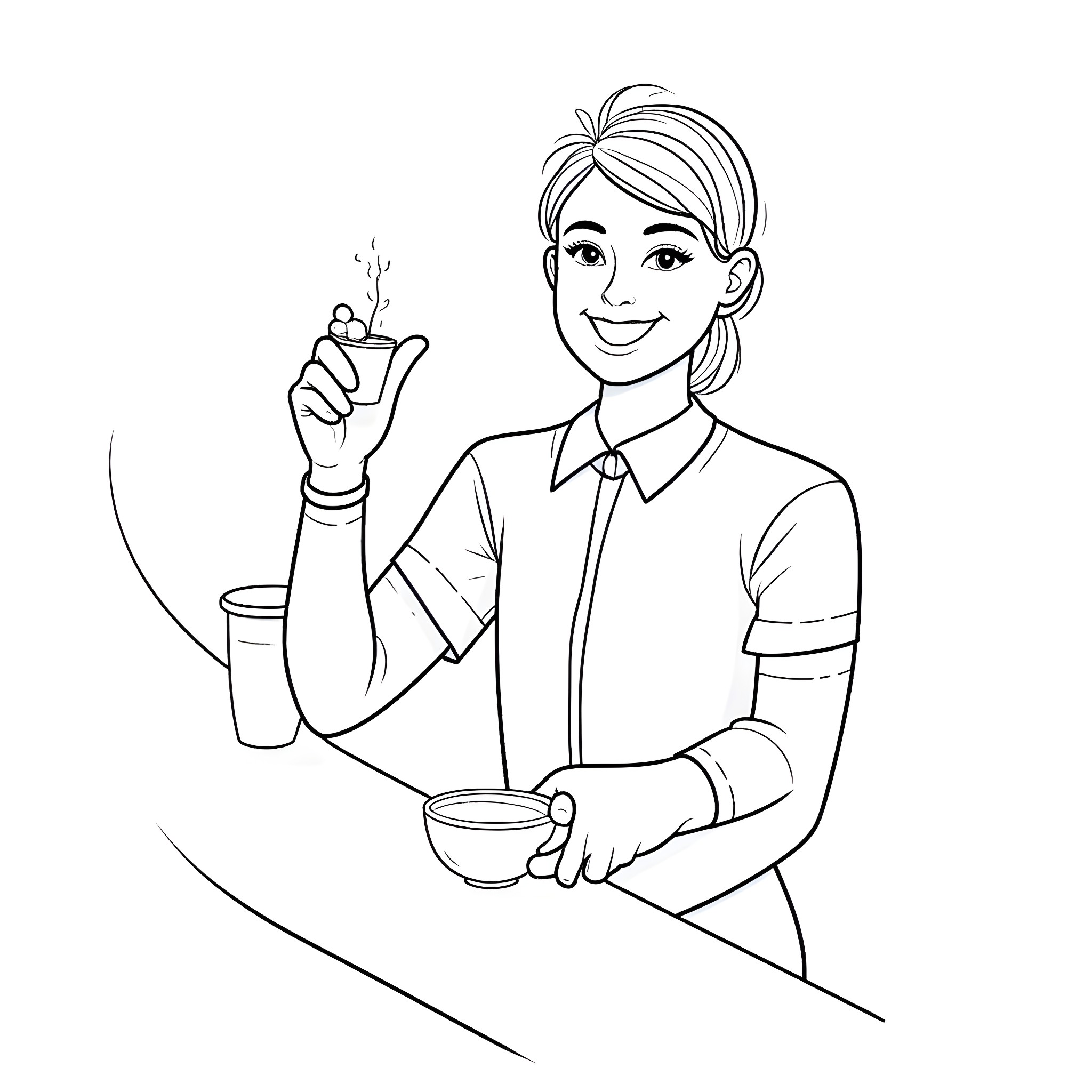 Bartender preparing a cocktail with a smile Coloring Page (free black-and-white line drawing printable PDF for all, from beginners to advanced learners, including children, teens, adults, and seniors)