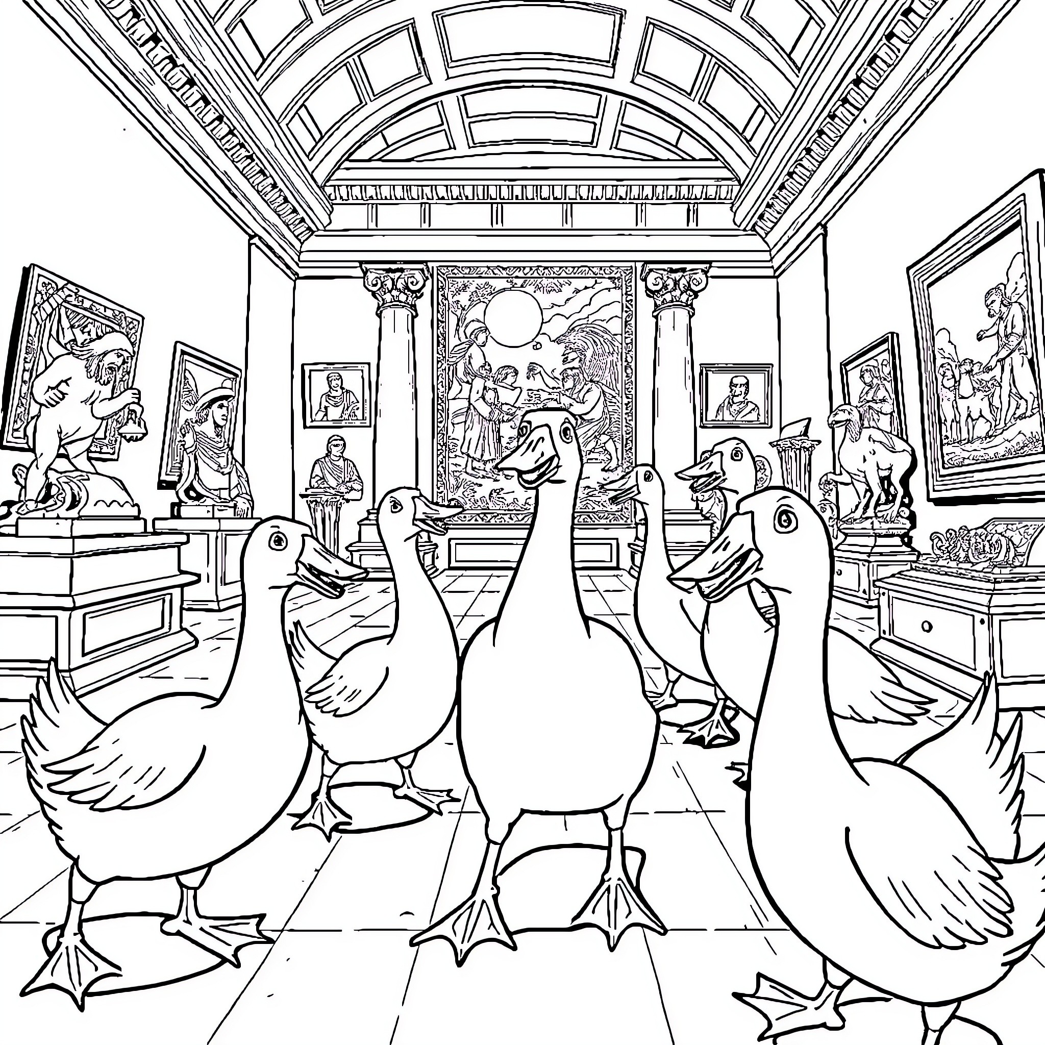 Geese wandering through an art museum Coloring Page (free black-and-white line drawing printable PDF for all, from beginners to advanced learners, including children, teens, adults, and seniors)