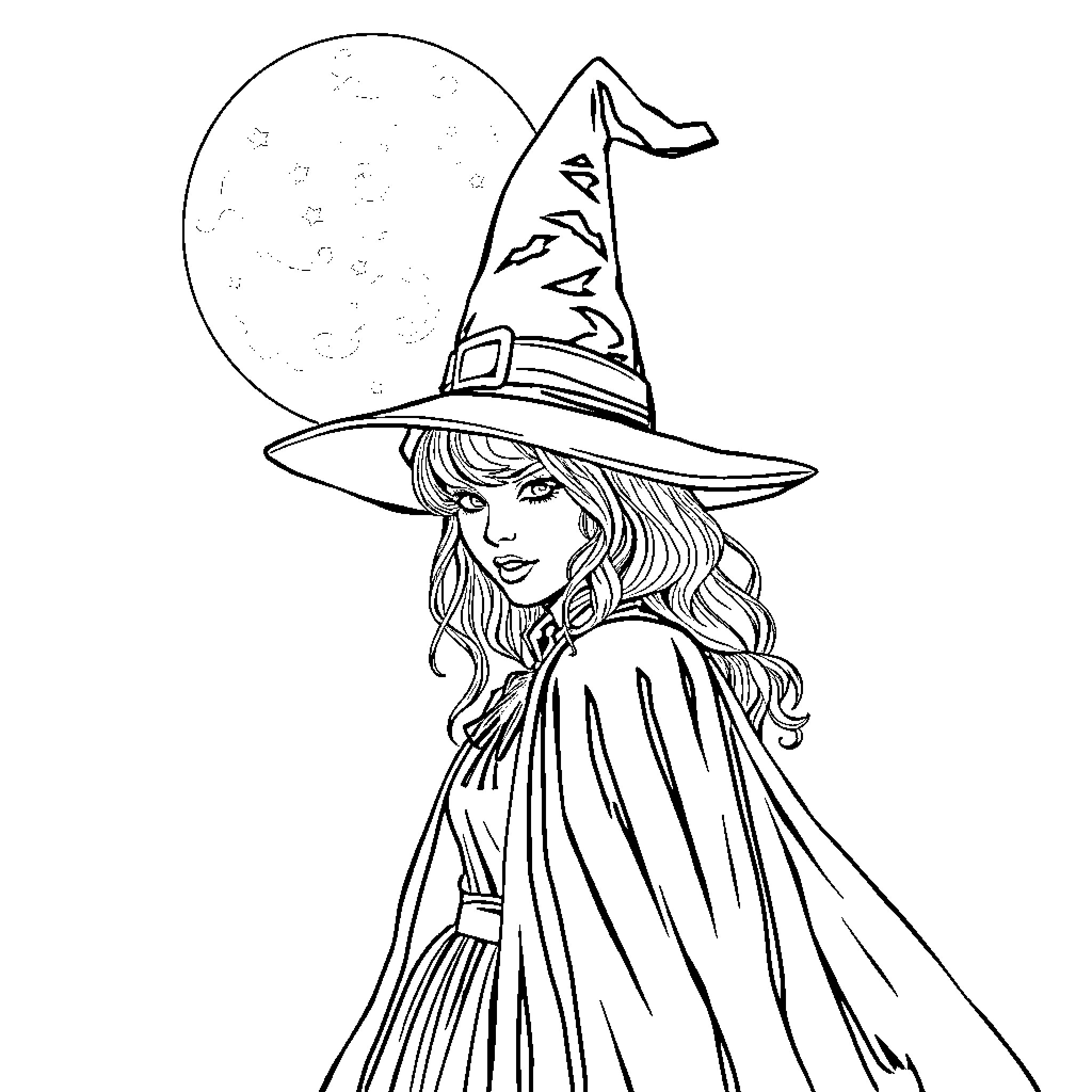 Taylor Swift as a Magical Witch Coloring Page (free black-and-white line drawing printable PDF for all, from beginners to advanced learners, including children, teens, adults, and seniors)