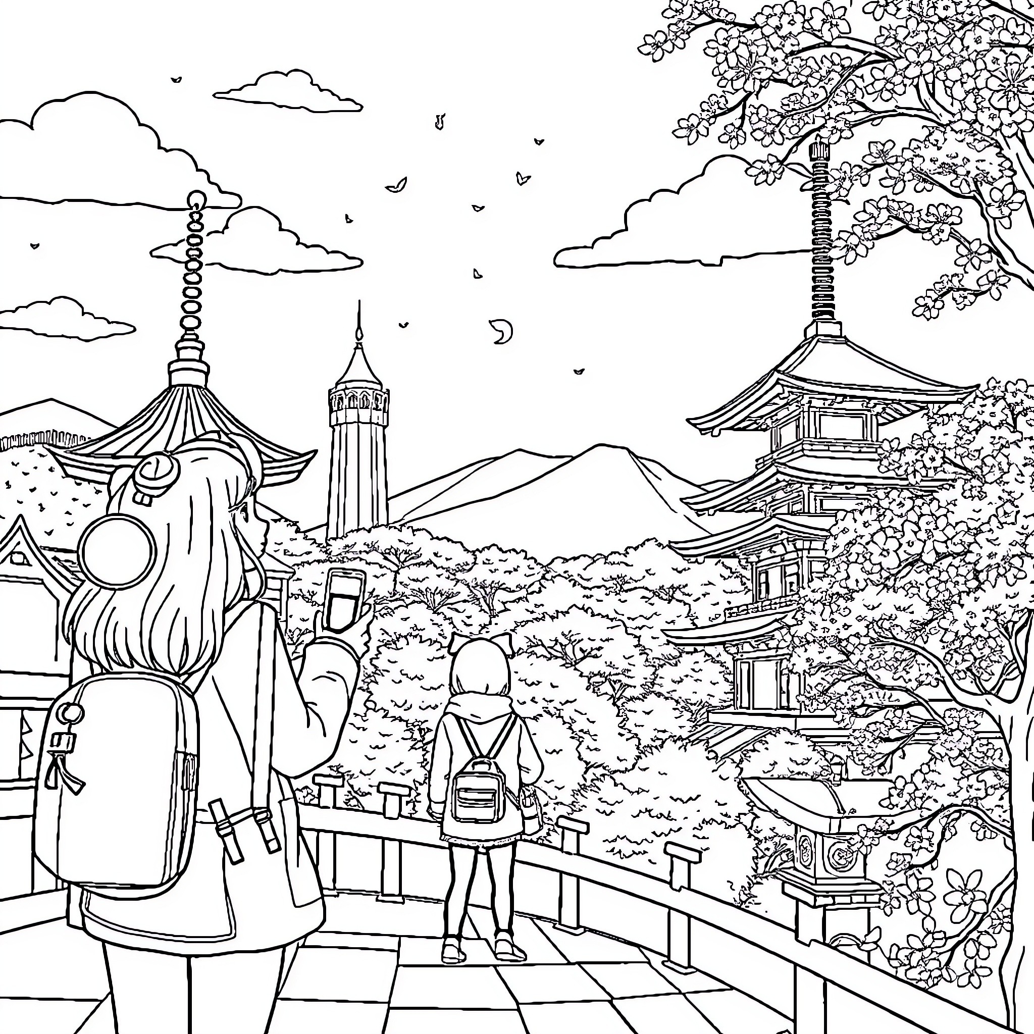 Karin's Adventure in the Whimsical Japanese Landscape Coloring Page (free black-and-white line drawing printable PDF for all, from beginners to advanced learners, including children, teens, adults, and seniors)