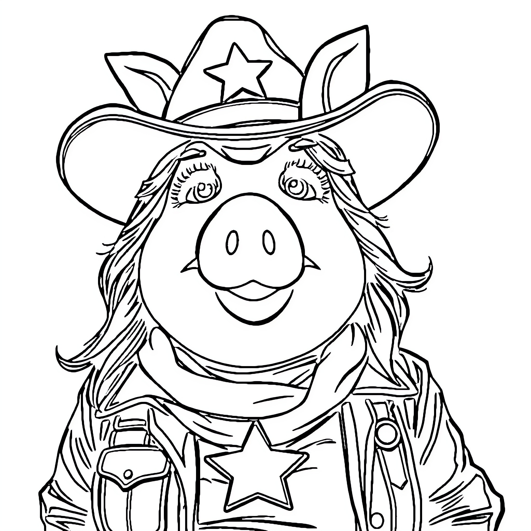Miss Piggy dressed as a cowgirl with a star hat Coloring Page (free black-and-white line drawing printable PDF for all, from beginners to advanced learners, including children, teens, adults, and seniors)