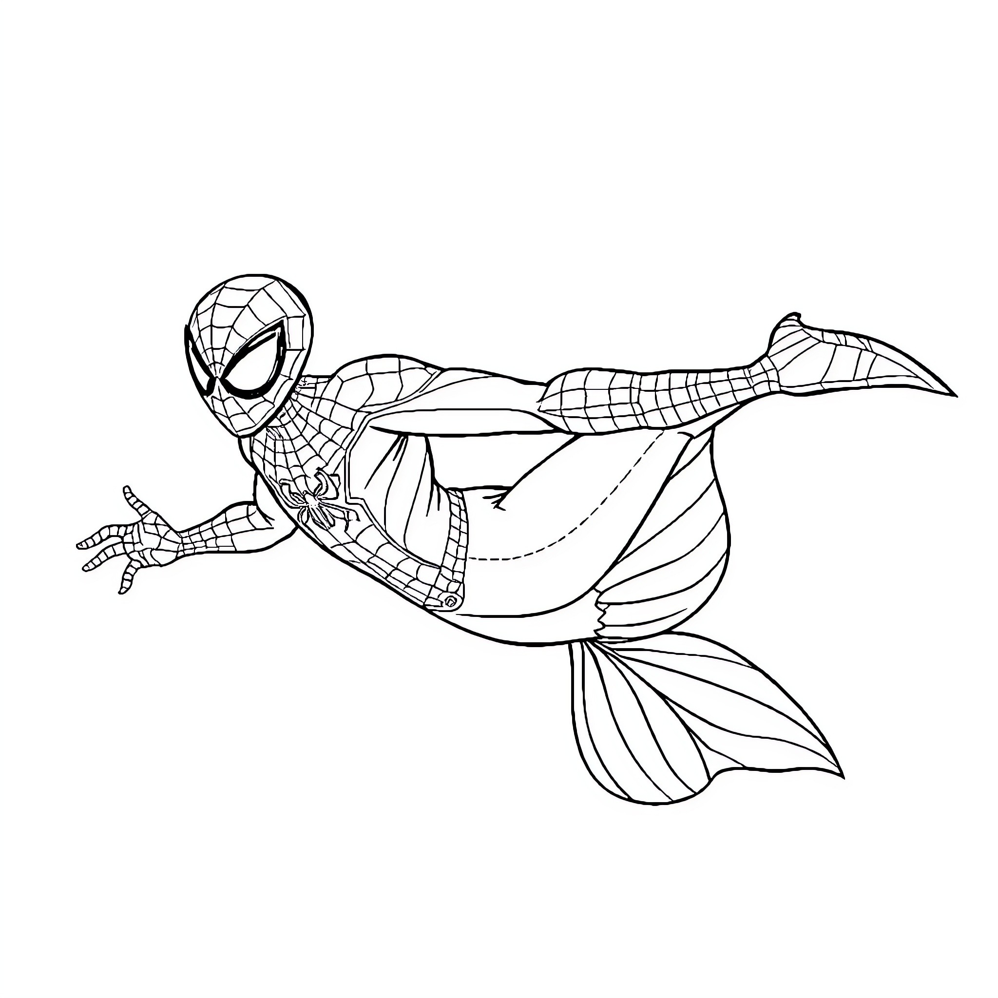 Spiderman diving underwater in action pose Coloring Page (free black-and-white line drawing printable PDF for all, from beginners to advanced learners, including children, teens, adults, and seniors)