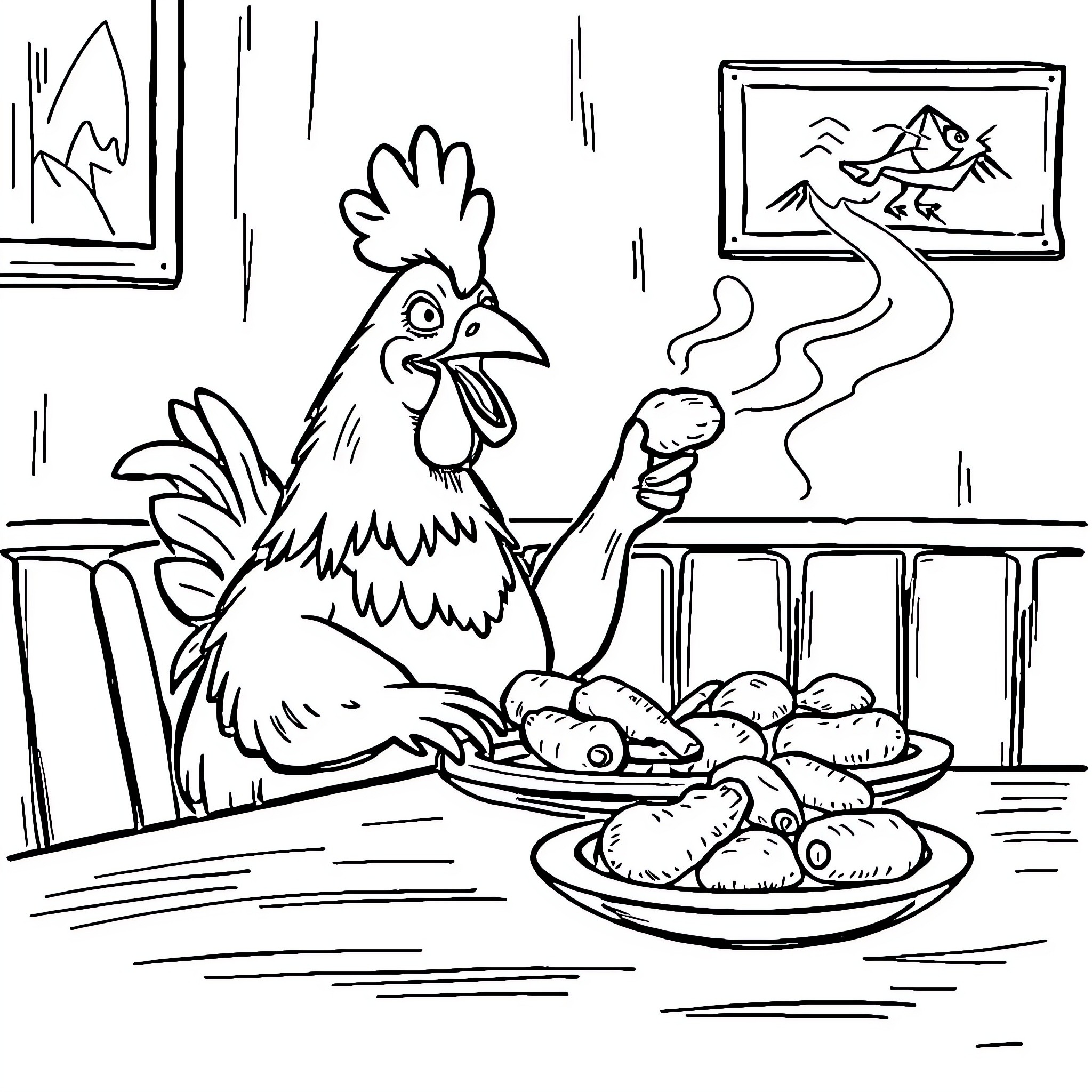 Chicken in a cozy kitchen scene Coloring Page (free black-and-white line drawing printable PDF for all, from beginners to advanced learners, including children, teens, adults, and seniors)