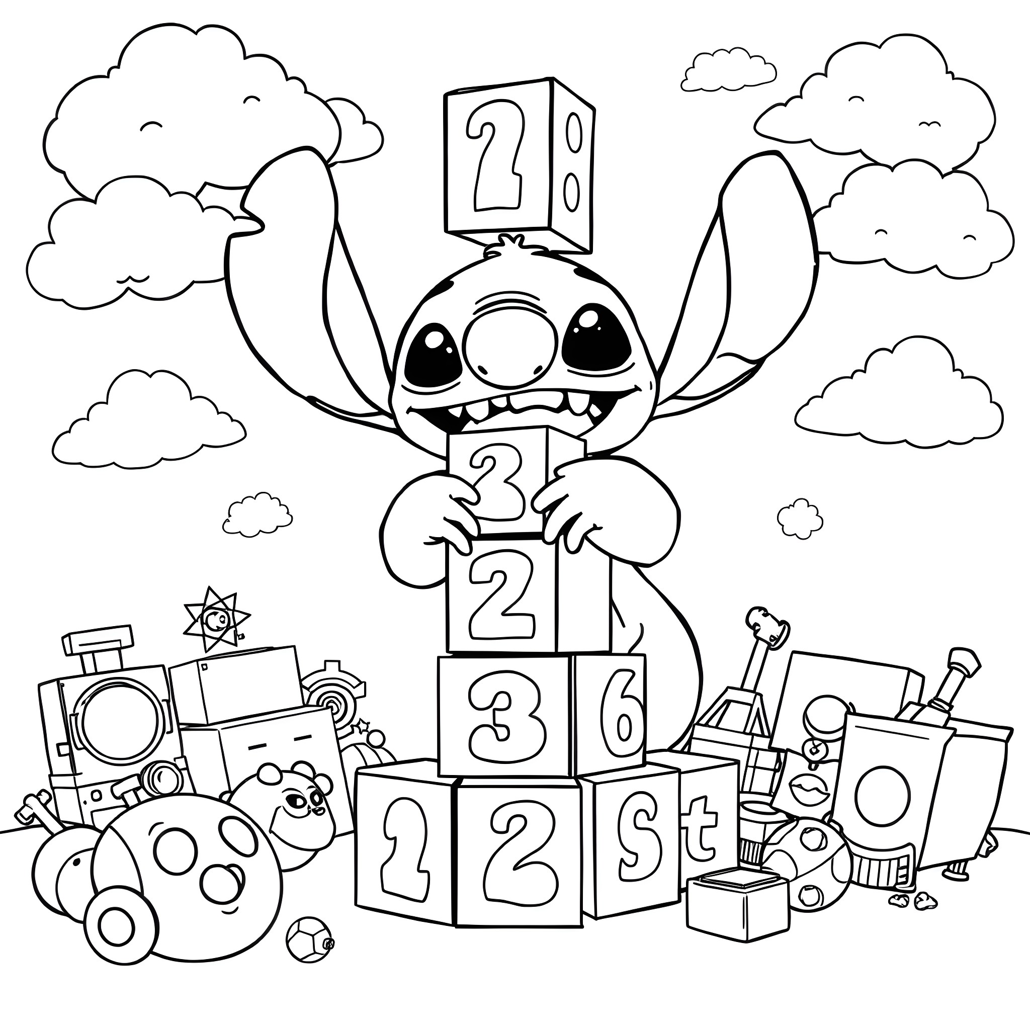 Stitch playing with numbered blocks and toys Coloring Page (free black-and-white line drawing printable PDF for all, from beginners to advanced learners, including children, teens, adults, and seniors)