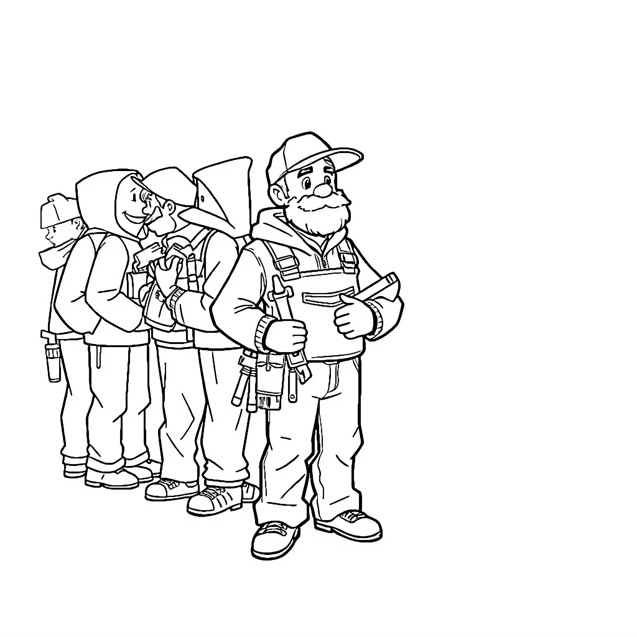 Handyman workers discussing project plans Coloring Page (free black-and-white line drawing printable PDF for all, from beginners to advanced learners, including children, teens, adults, and seniors)