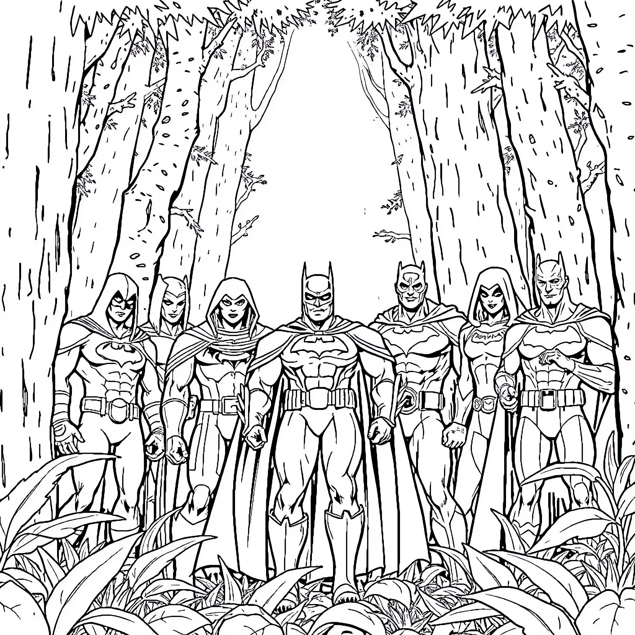 Chat with masked heroes in forest Coloring Page (free black-and-white line drawing printable PDF for all, from beginners to advanced learners, including children, teens, adults, and seniors)