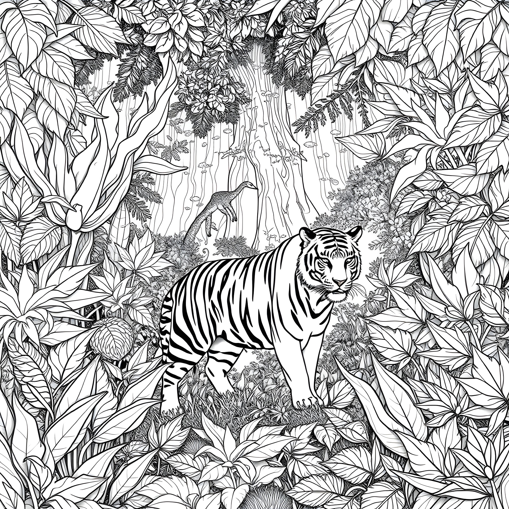 Tiger Stalking Through Lush Jungle Foliage Coloring Page (free black-and-white line drawing printable PDF for all, from beginners to advanced learners, including children, teens, adults, and seniors)
