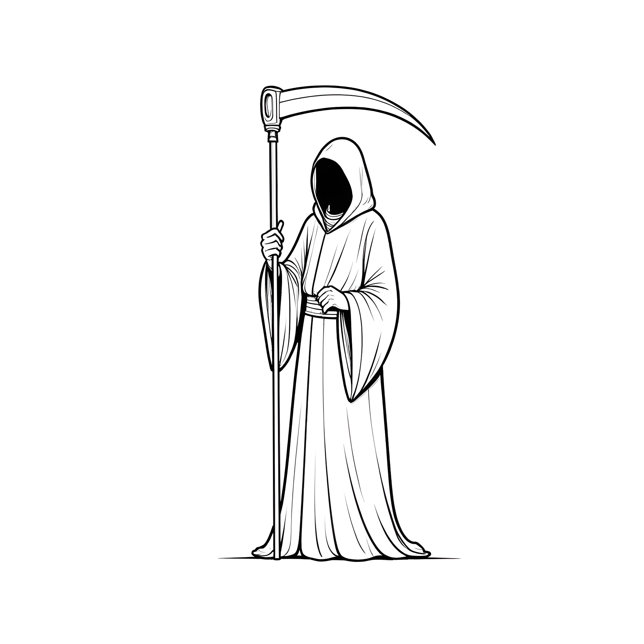 Grim Reaper carrying a scythe in a sinister pose Coloring Page (free black-and-white line drawing printable PDF for all, from beginners to advanced learners, including children, teens, adults, and seniors)