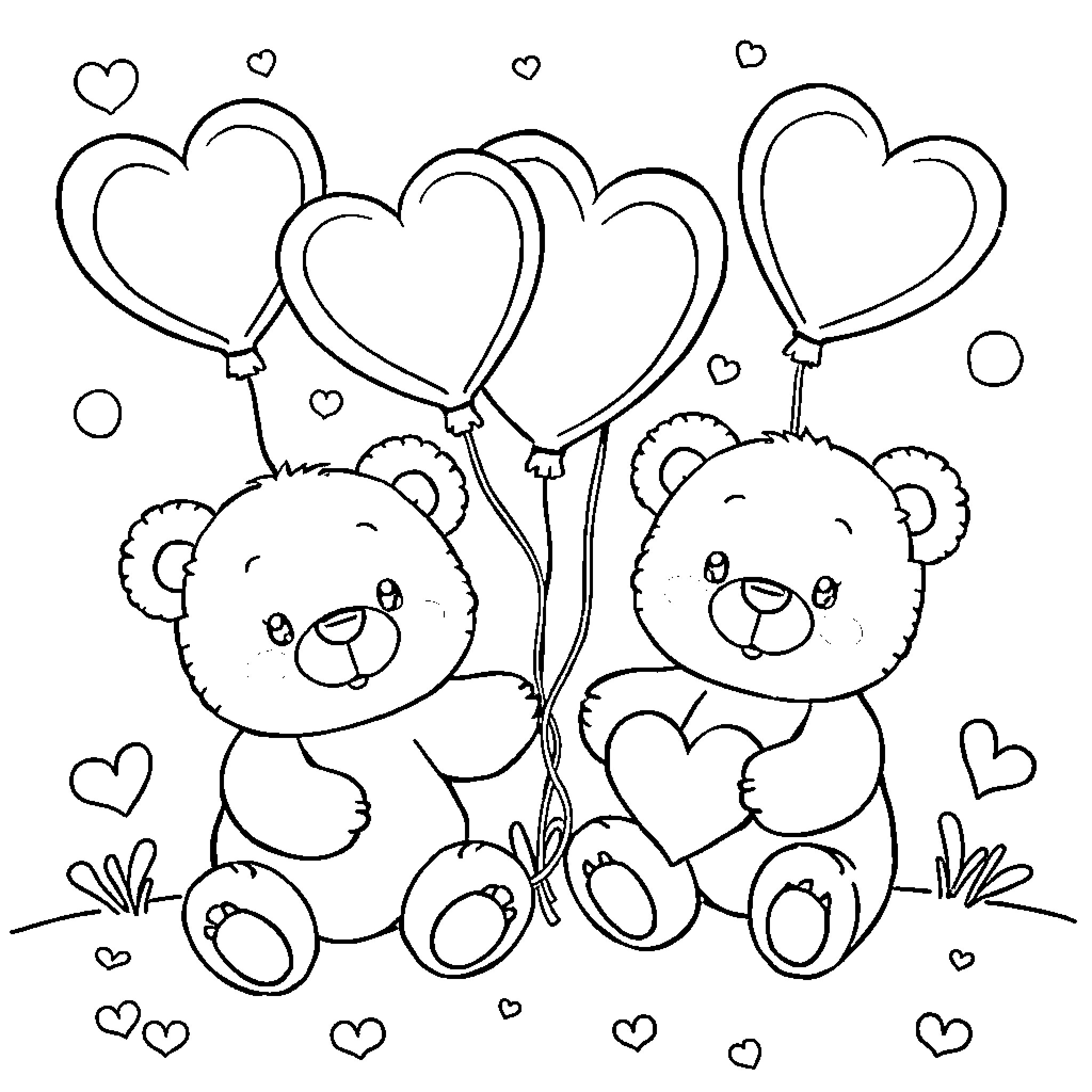 Valentine's Day Teddy Bears with Heart Balloons Coloring Page (free black-and-white line drawing printable PDF for all, from beginners to advanced learners, including children, teens, adults, and seniors)