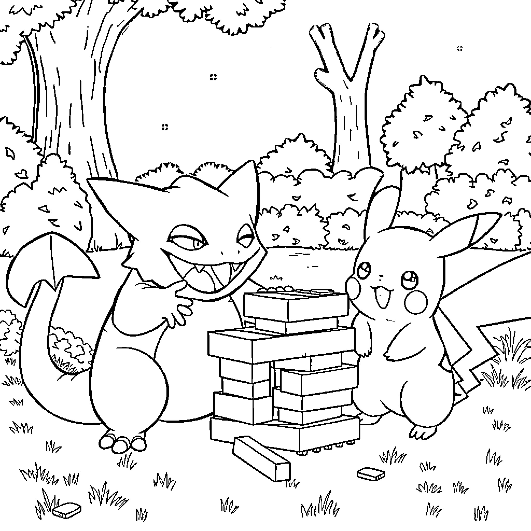 Genghar Pokémon Characters Playing in the Wilderness Coloring Page (free black-and-white line drawing printable PDF for all, from beginners to advanced learners, including children, teens, adults, and seniors)