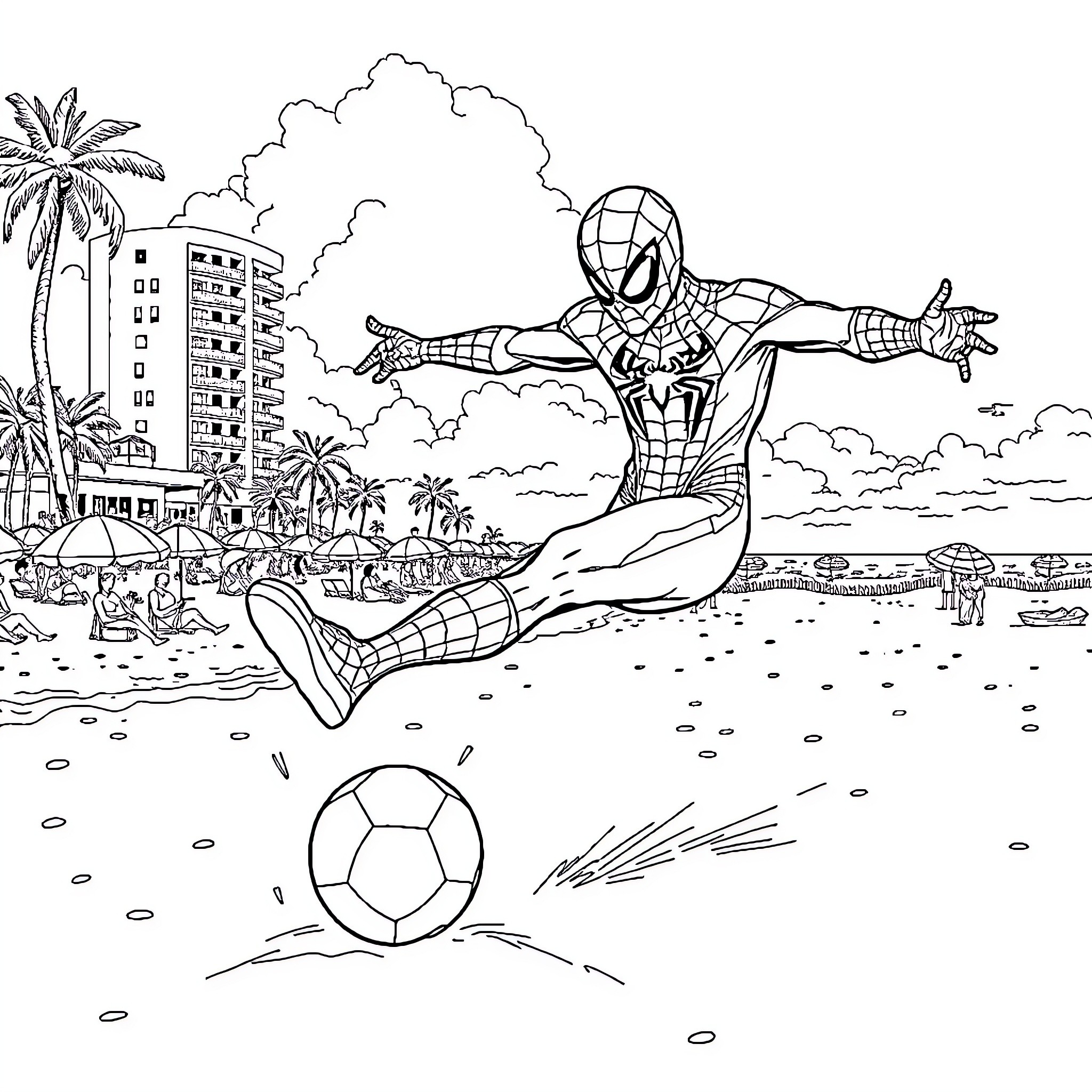 Spider-Man swinging through a beachside city Coloring Page (free black-and-white line drawing printable PDF for all, from beginners to advanced learners, including children, teens, adults, and seniors)