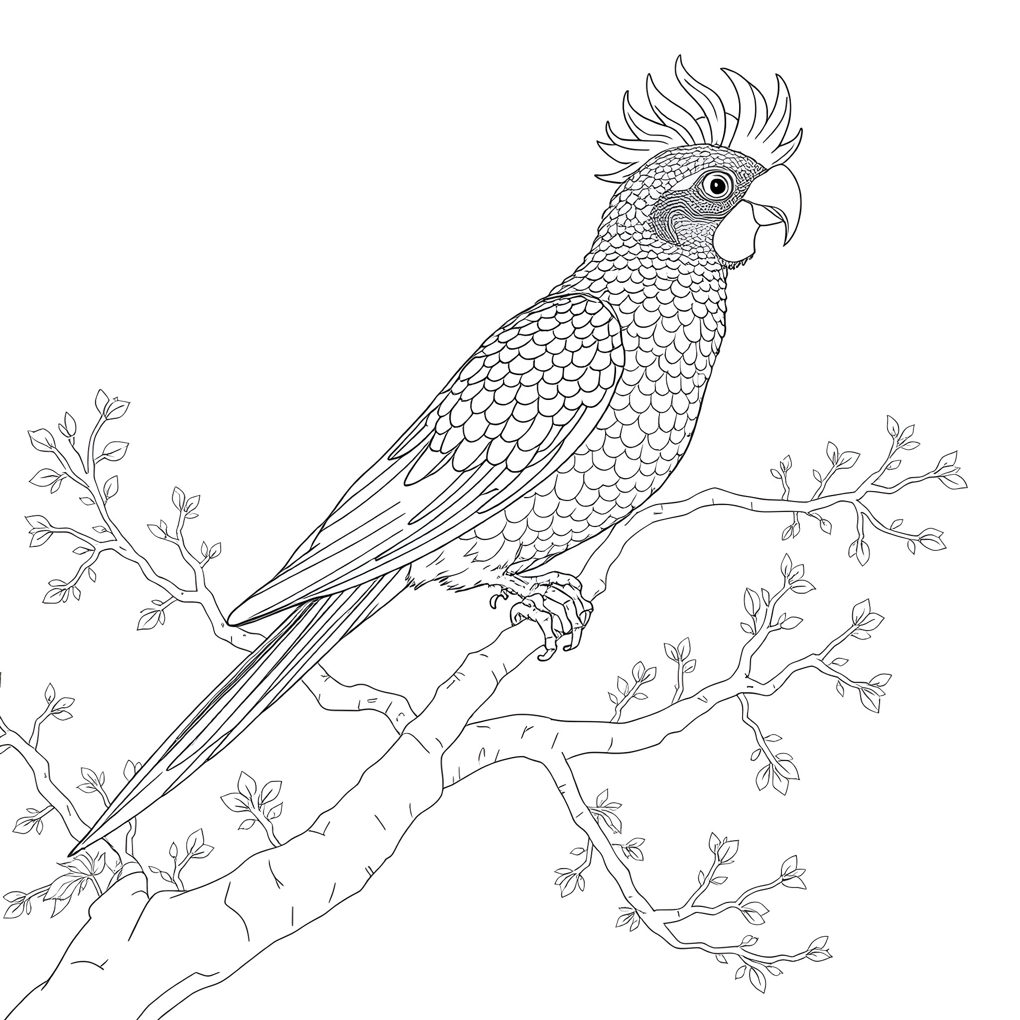 Passerina parrot perching on branch Coloring Page (free black-and-white line drawing printable PDF for all, from beginners to advanced learners, including children, teens, adults, and seniors)