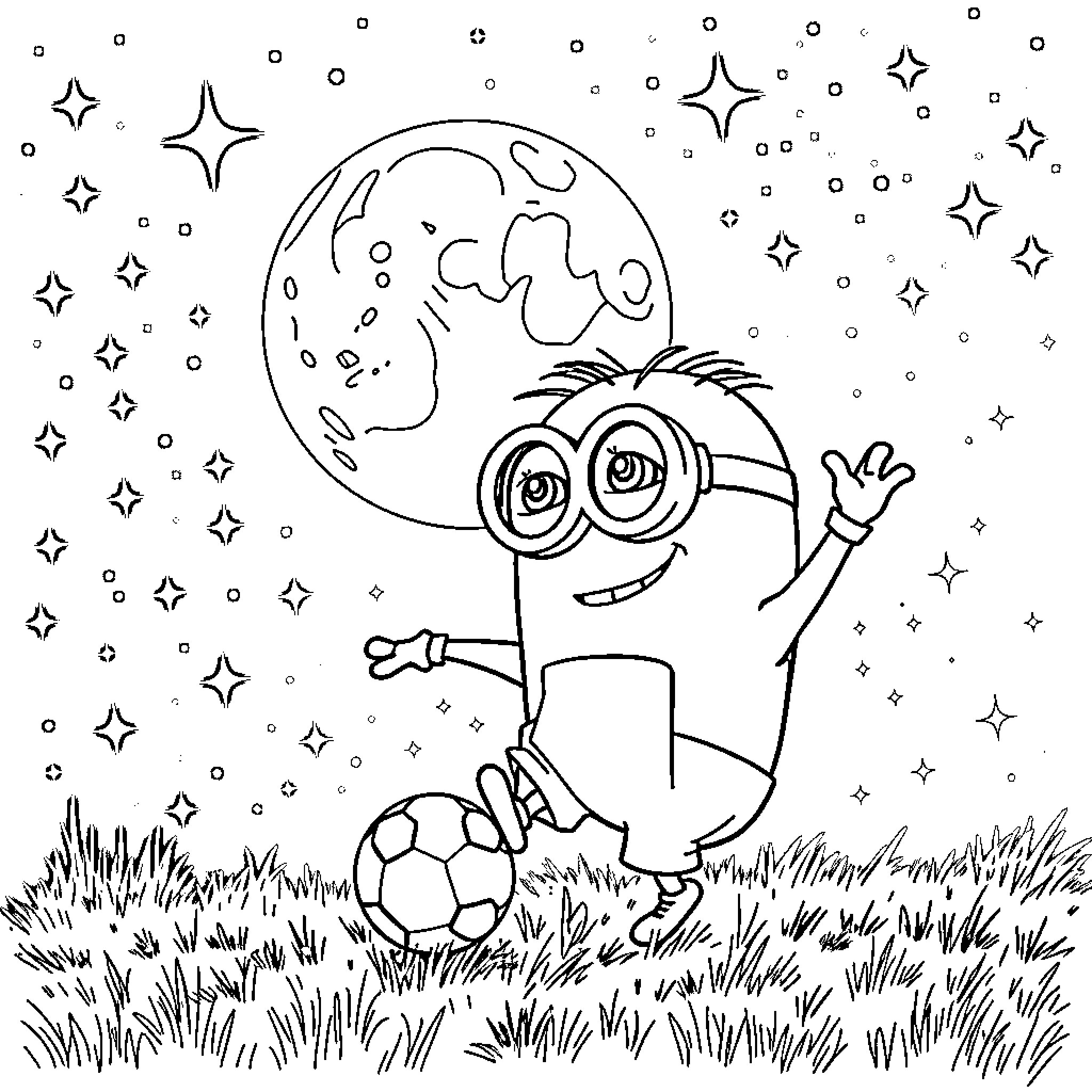 Minion playing happily with soccer ball under the stars Coloring Page (free black-and-white line drawing printable PDF for all, from beginners to advanced learners, including children, teens, adults, and seniors)