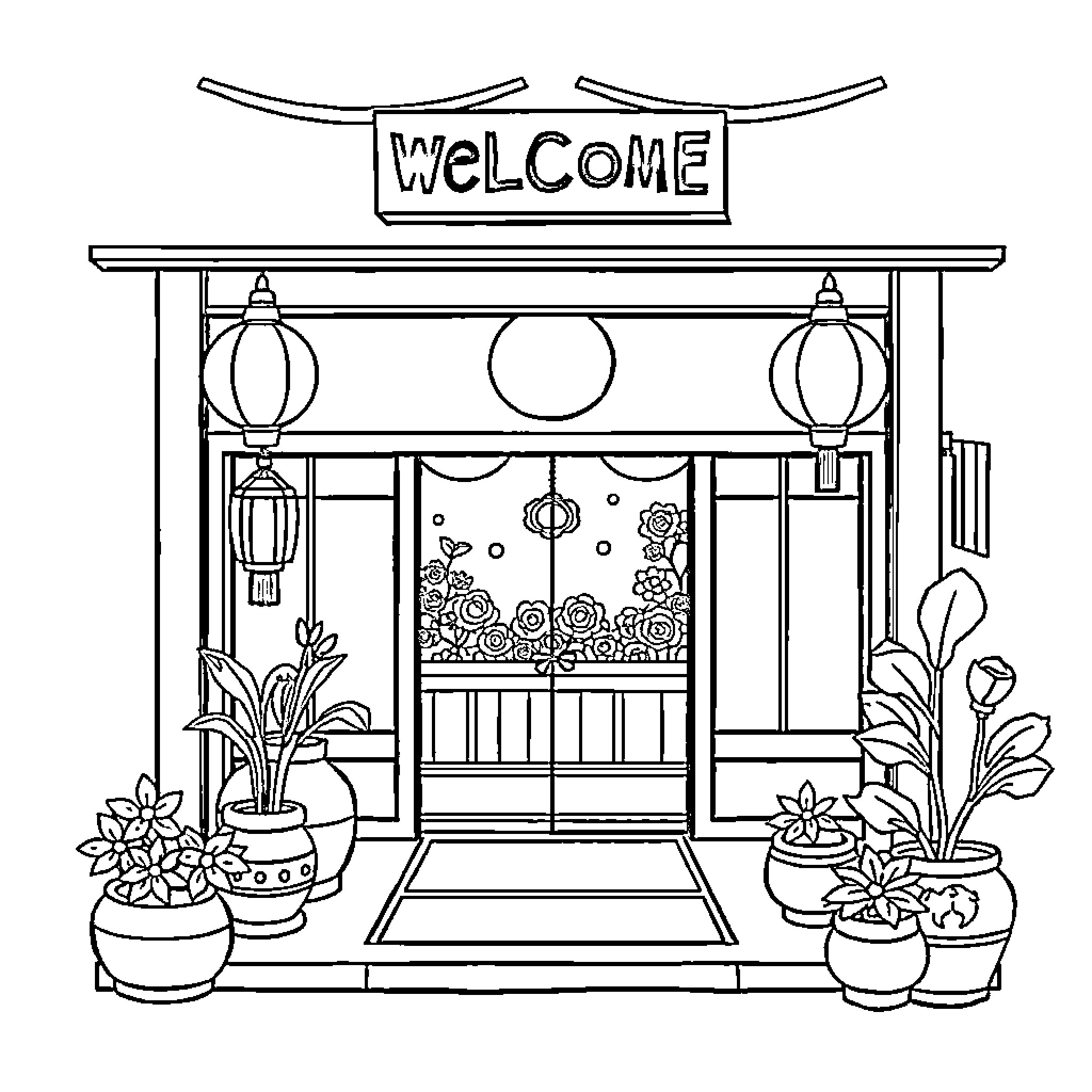 Welcome Home to a Cozy Storefront Coloring Page (free black-and-white line drawing printable PDF for all, from beginners to advanced learners, including children, teens, adults, and seniors)