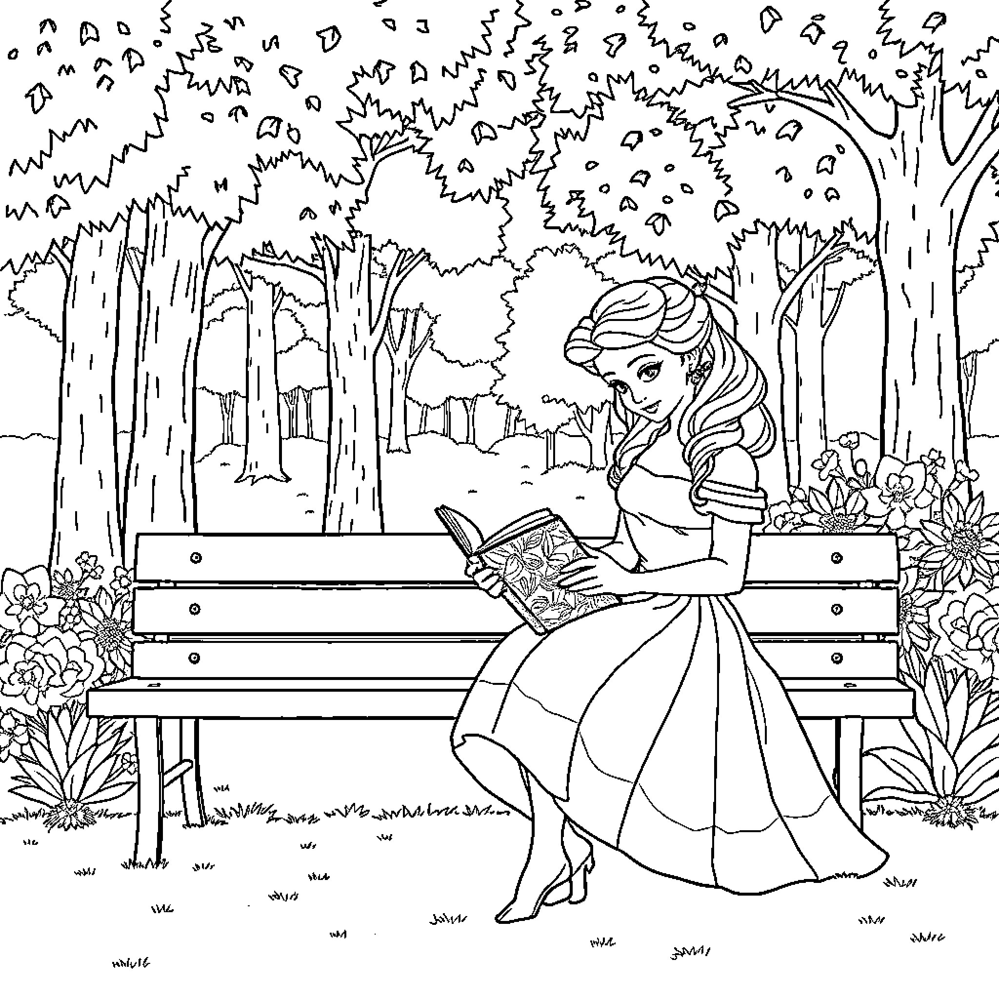 Belle Reading a Book in the Enchanted Forest Coloring Page (free black-and-white line drawing printable PDF for all, from beginners to advanced learners, including children, teens, adults, and seniors)