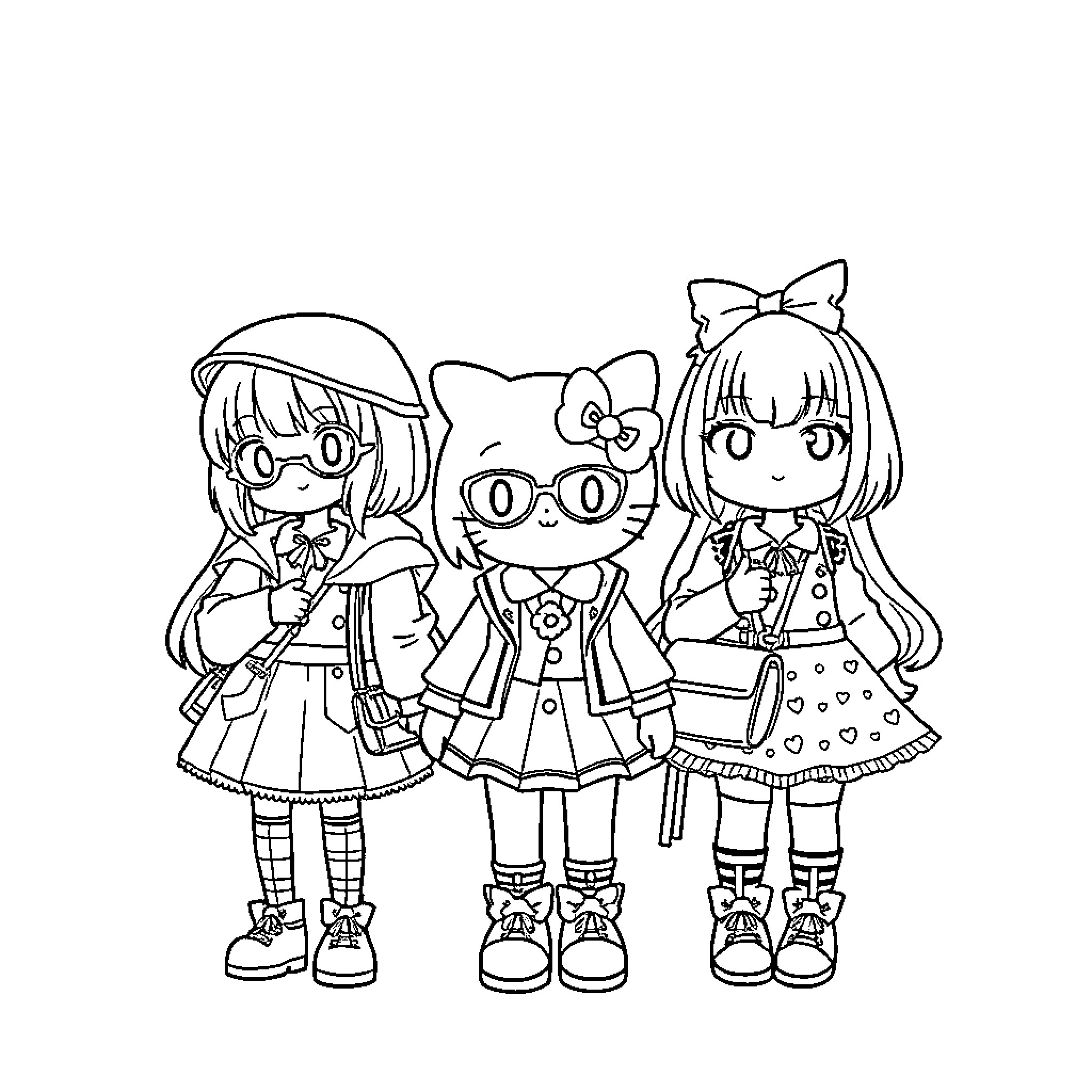 Sanrio Friends in Cheerful Outfits Coloring Page (free black-and-white line drawing printable PDF for all, from beginners to advanced learners, including children, teens, adults, and seniors)