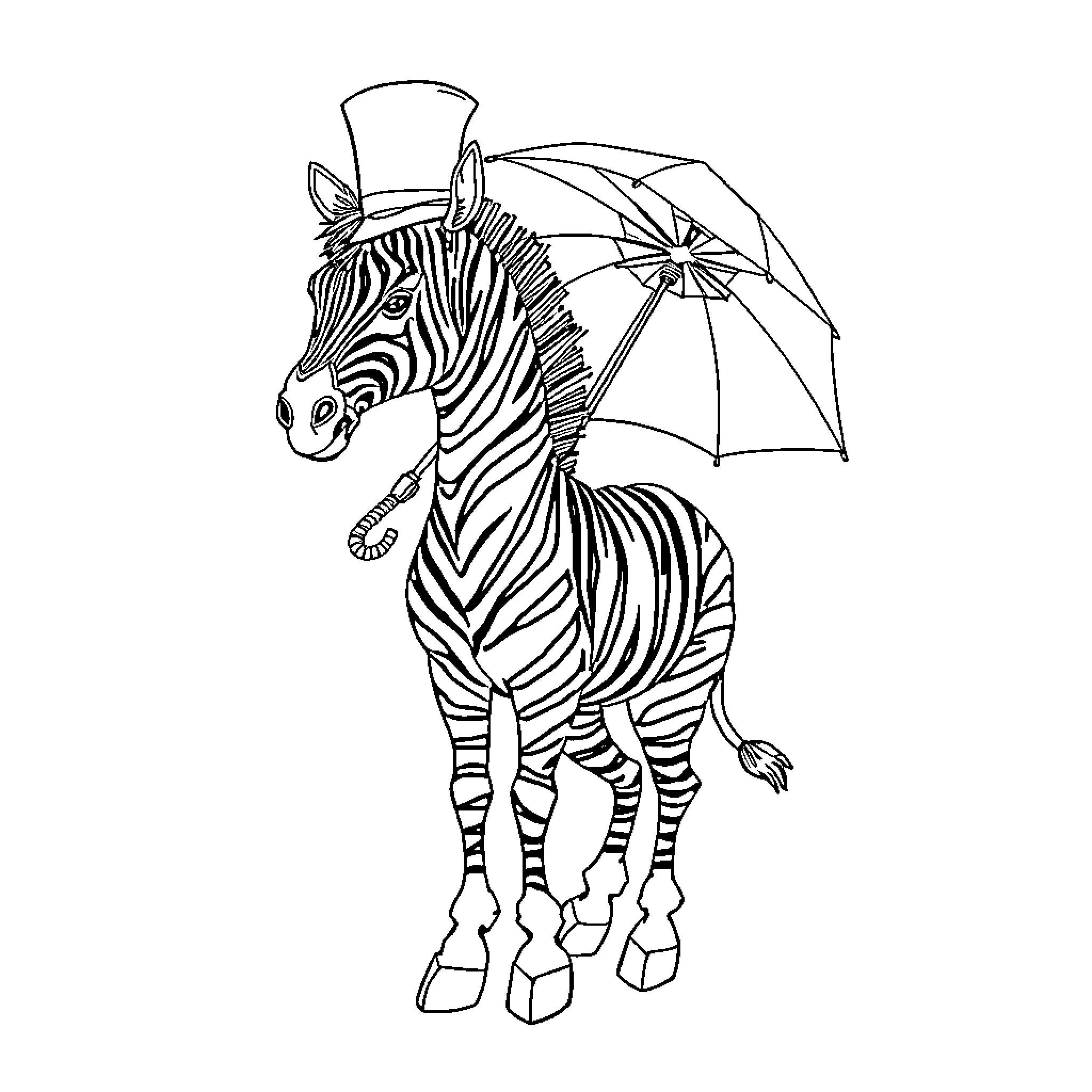 Zebra with Umbrella in Formal Attire Coloring Page (free black-and-white line drawing printable PDF for all, from beginners to advanced learners, including children, teens, adults, and seniors)