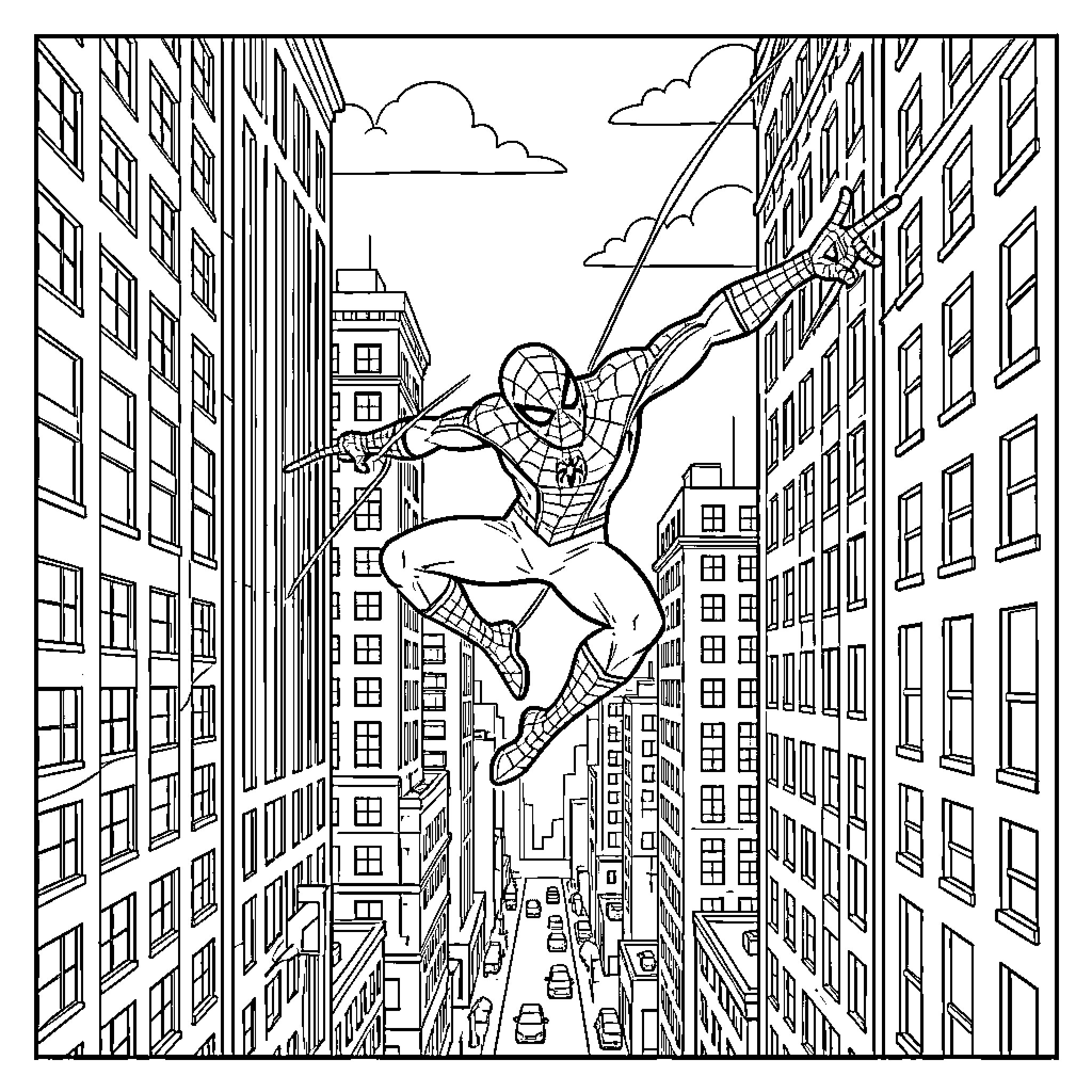 Spiderman swinging through a dense city canyon Coloring Page (free black-and-white line drawing printable PDF for all, from beginners to advanced learners, including children, teens, adults, and seniors)