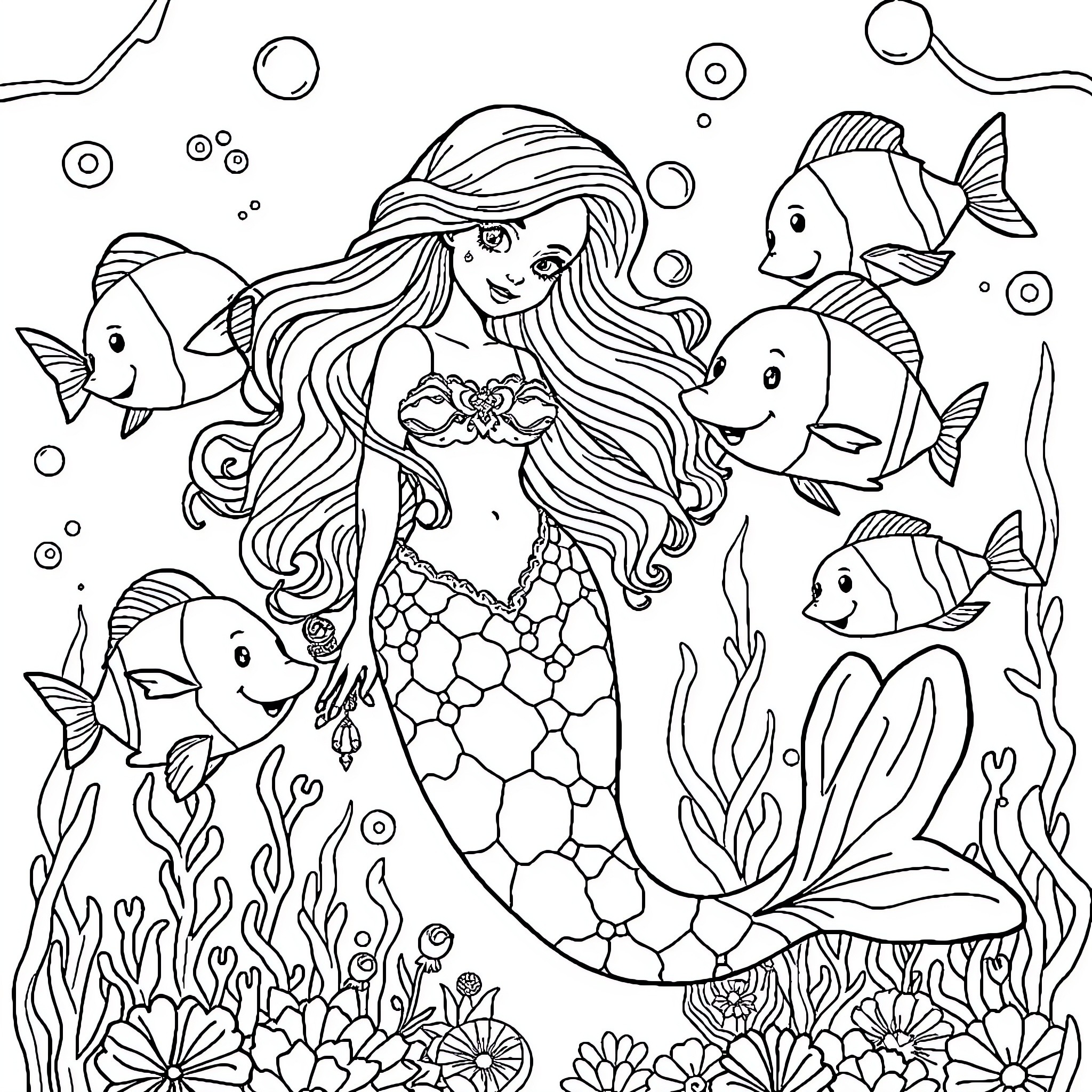 Mermaid surrounded by friendly sea creatures Coloring Page (free black-and-white line drawing printable PDF for all, from beginners to advanced learners, including children, teens, adults, and seniors)