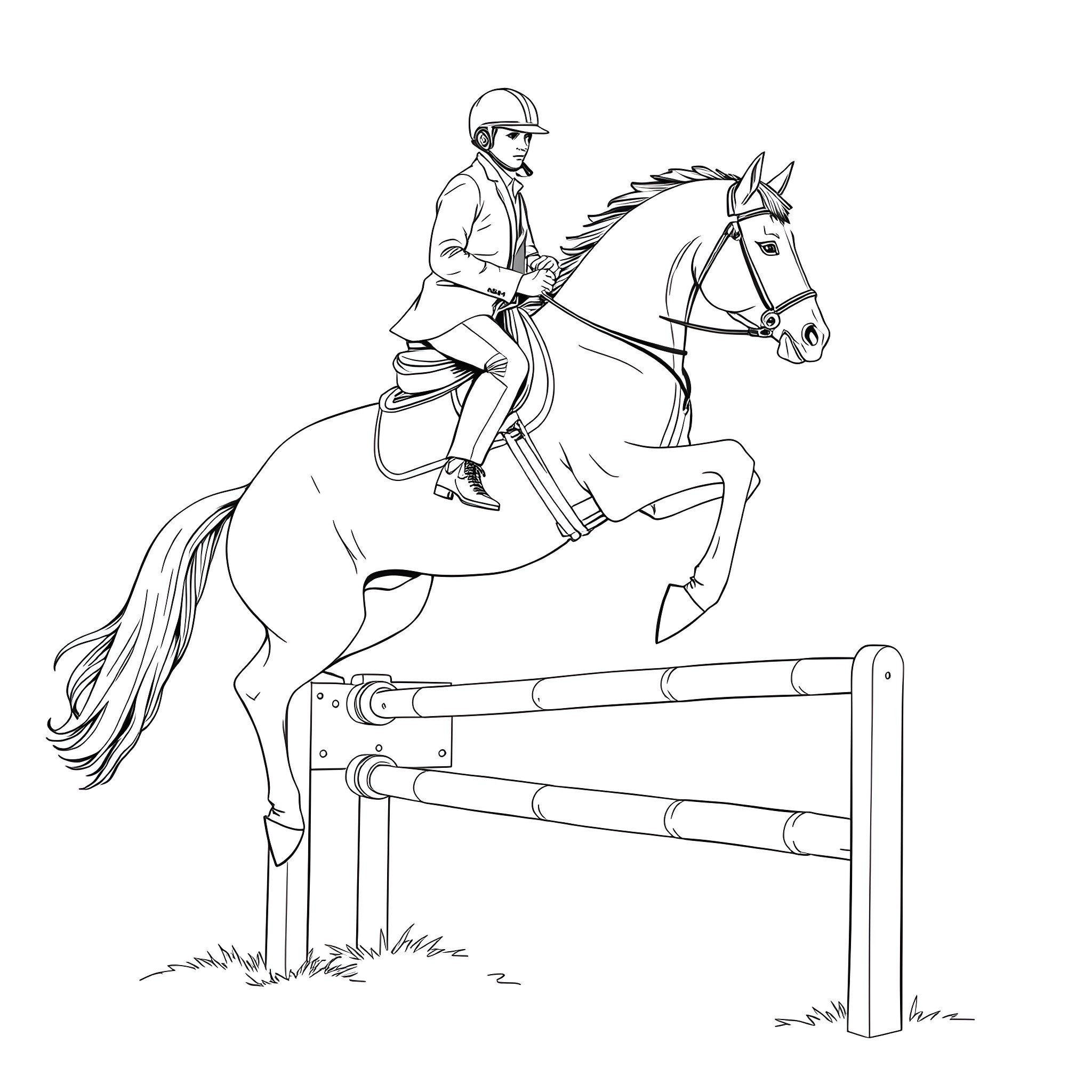 Horse and rider jumping over obstacle Coloring Page (free black-and-white line drawing printable PDF for all, from beginners to advanced learners, including children, teens, adults, and seniors)