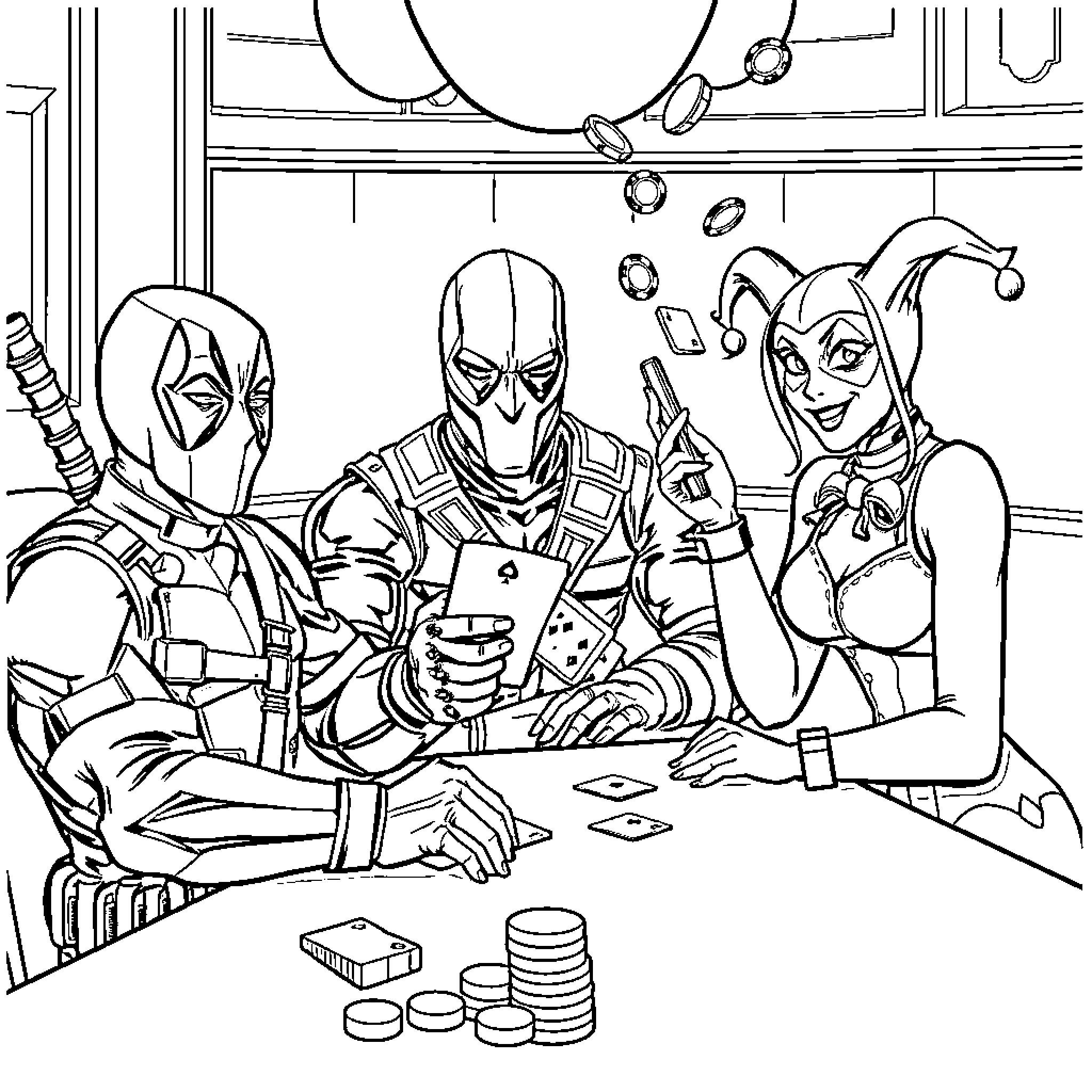Deadpool's Mischievous Card Game with Sidekicks Coloring Page (free black-and-white line drawing printable PDF for all, from beginners to advanced learners, including children, teens, adults, and seniors)