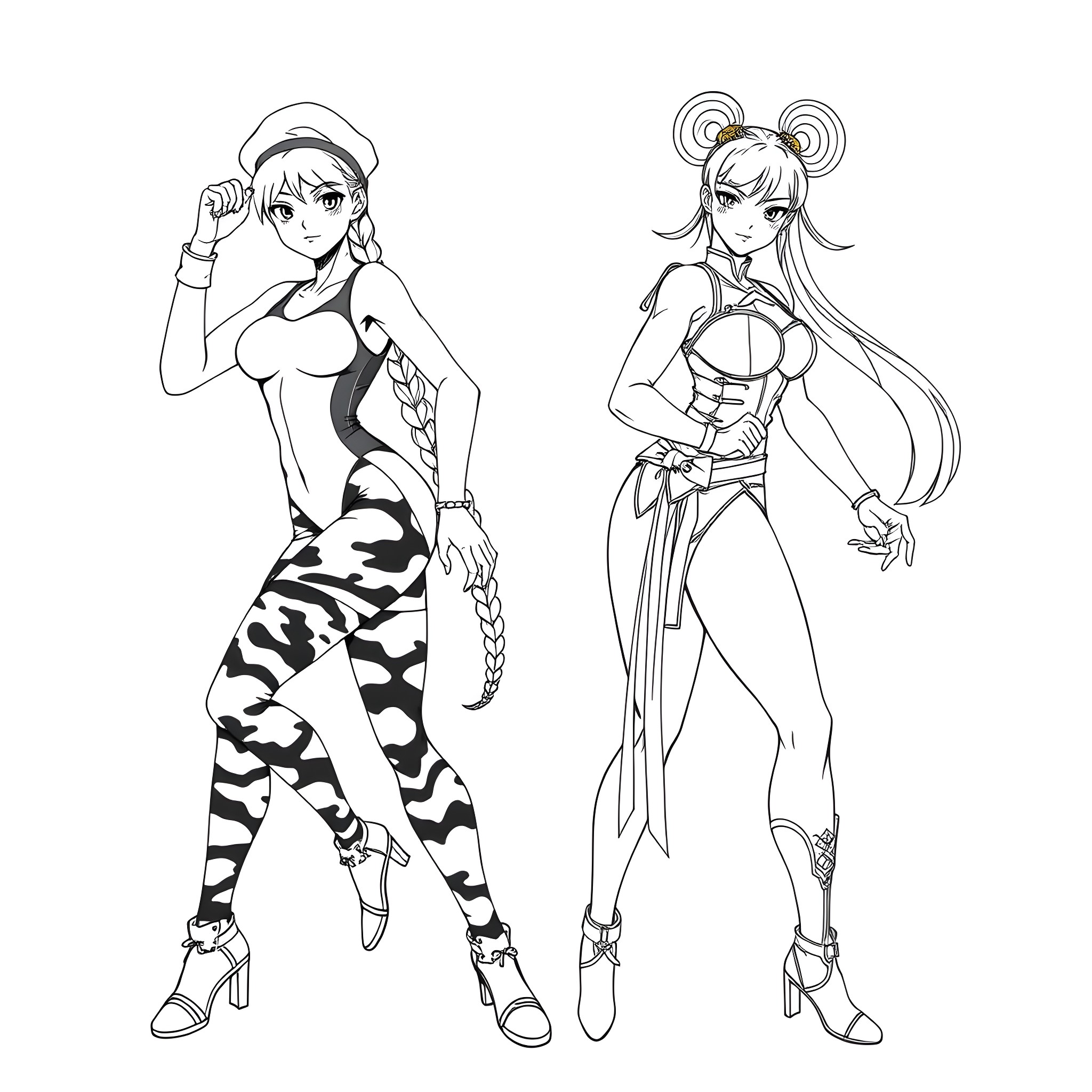 Cammy and Chun-Li in dynamic action poses Coloring Page (free black-and-white line drawing printable PDF for all, from beginners to advanced learners, including children, teens, adults, and seniors)